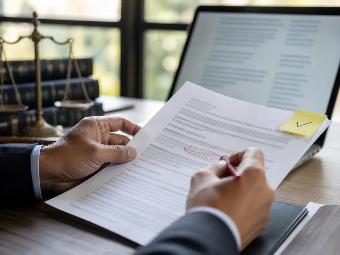 Lawyer reviewing an AI-generated legal draft and circling a citation with a red pen