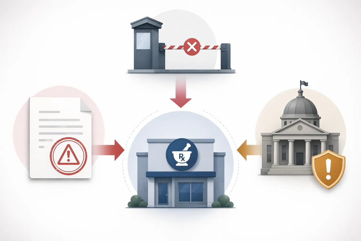 Warning letter, border checkpoint, and state board enforcement channels converging on a pharmacy