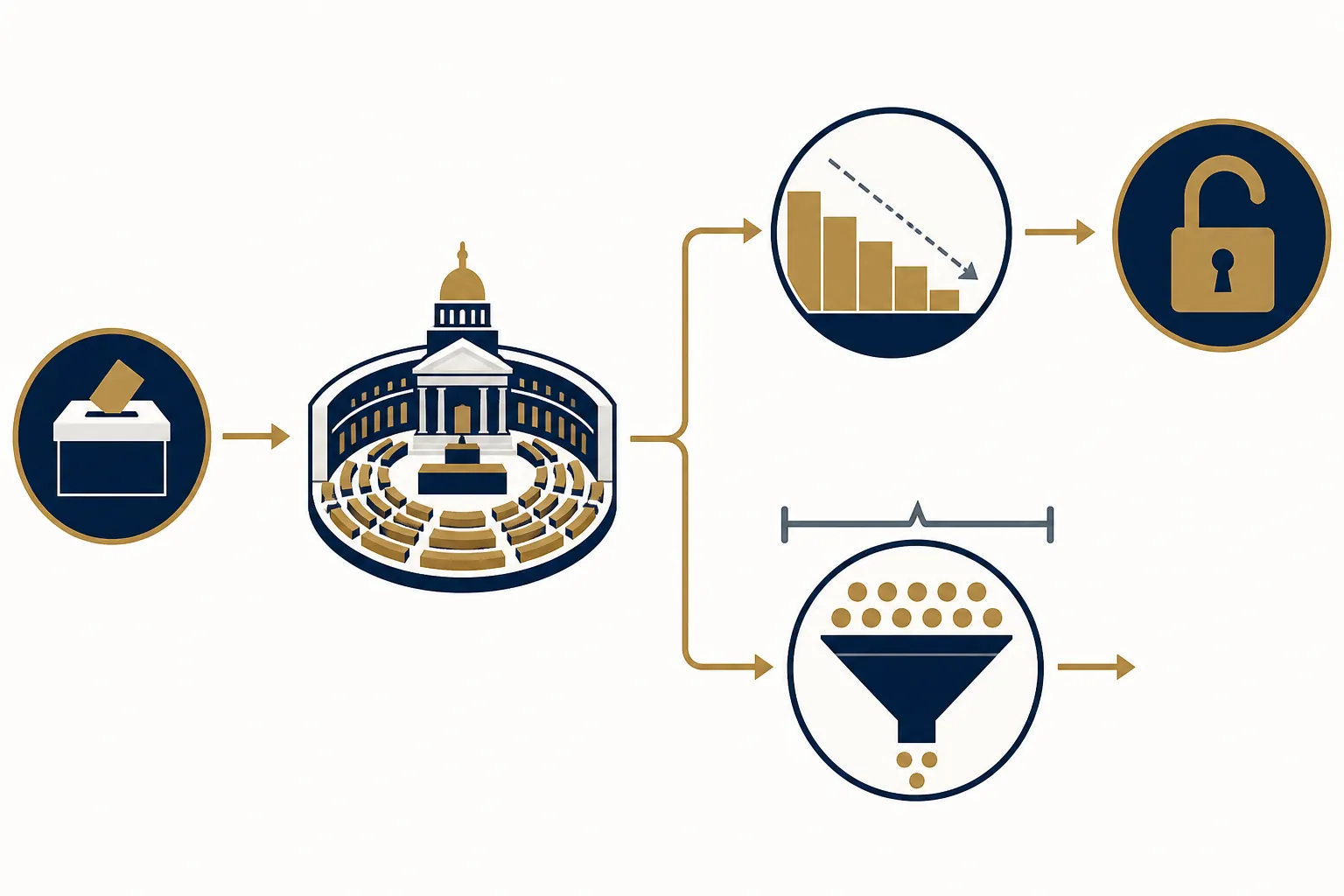 Schematic showing authority moving from a ballot box to a legislative chamber, with one path declining under a padlock and another widening under a time window