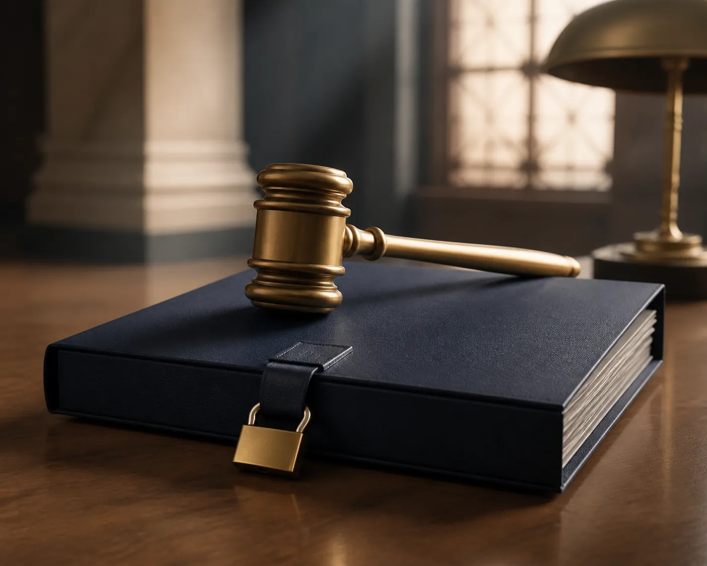 Brass judge's gavel on a locked dark-navy case file folder