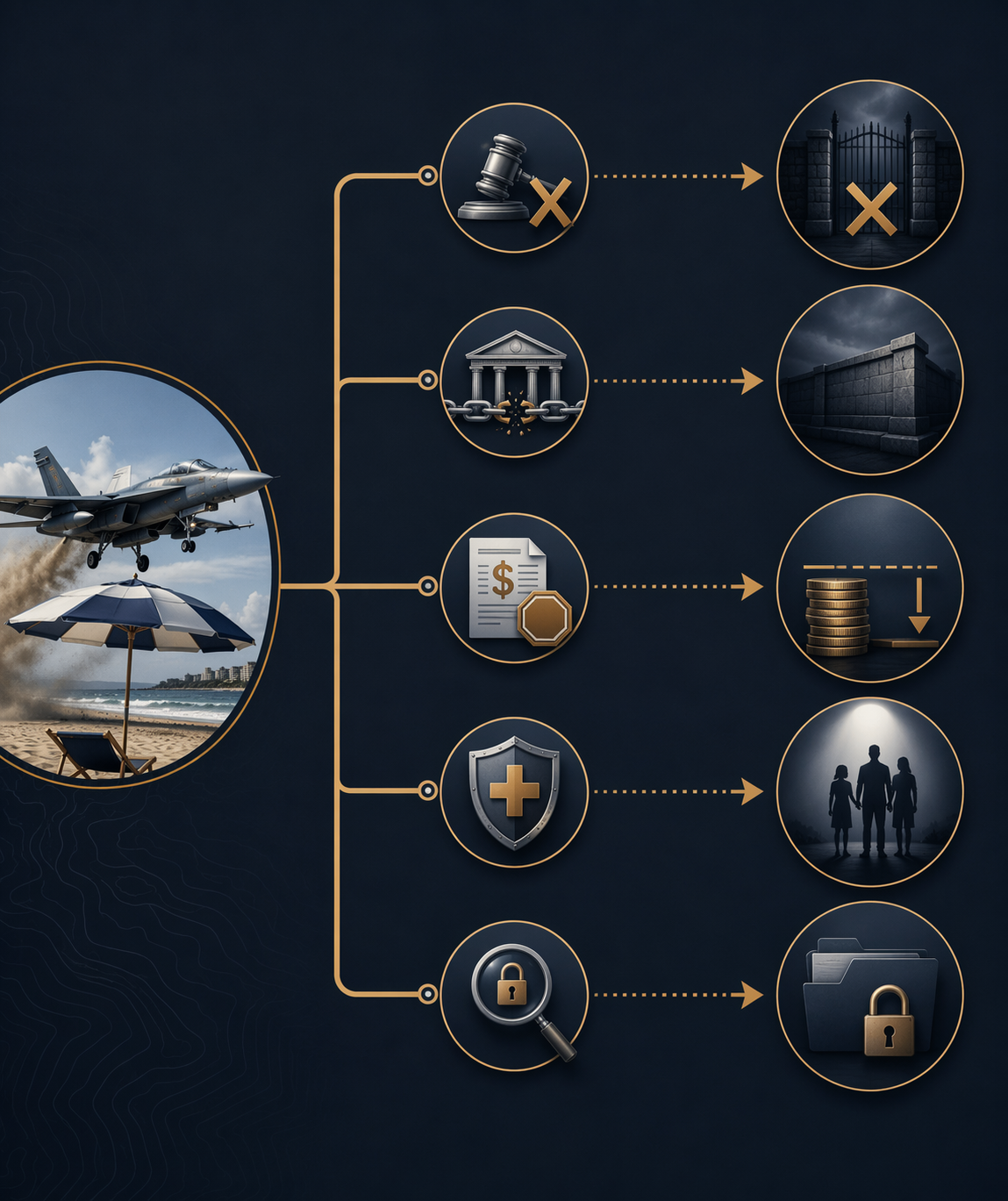 Decision tree showing legal pathways from a military jet flyover over a beach to blocked legal outcomes
