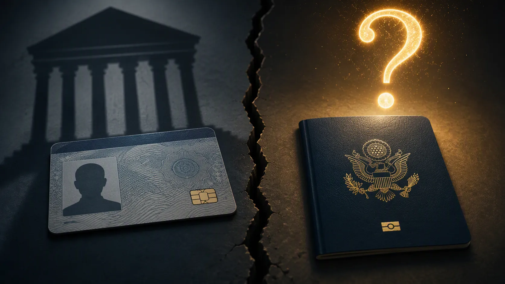 Government ID card and passport separated by a fault line, with courthouse and constitutional uncertainty symbols