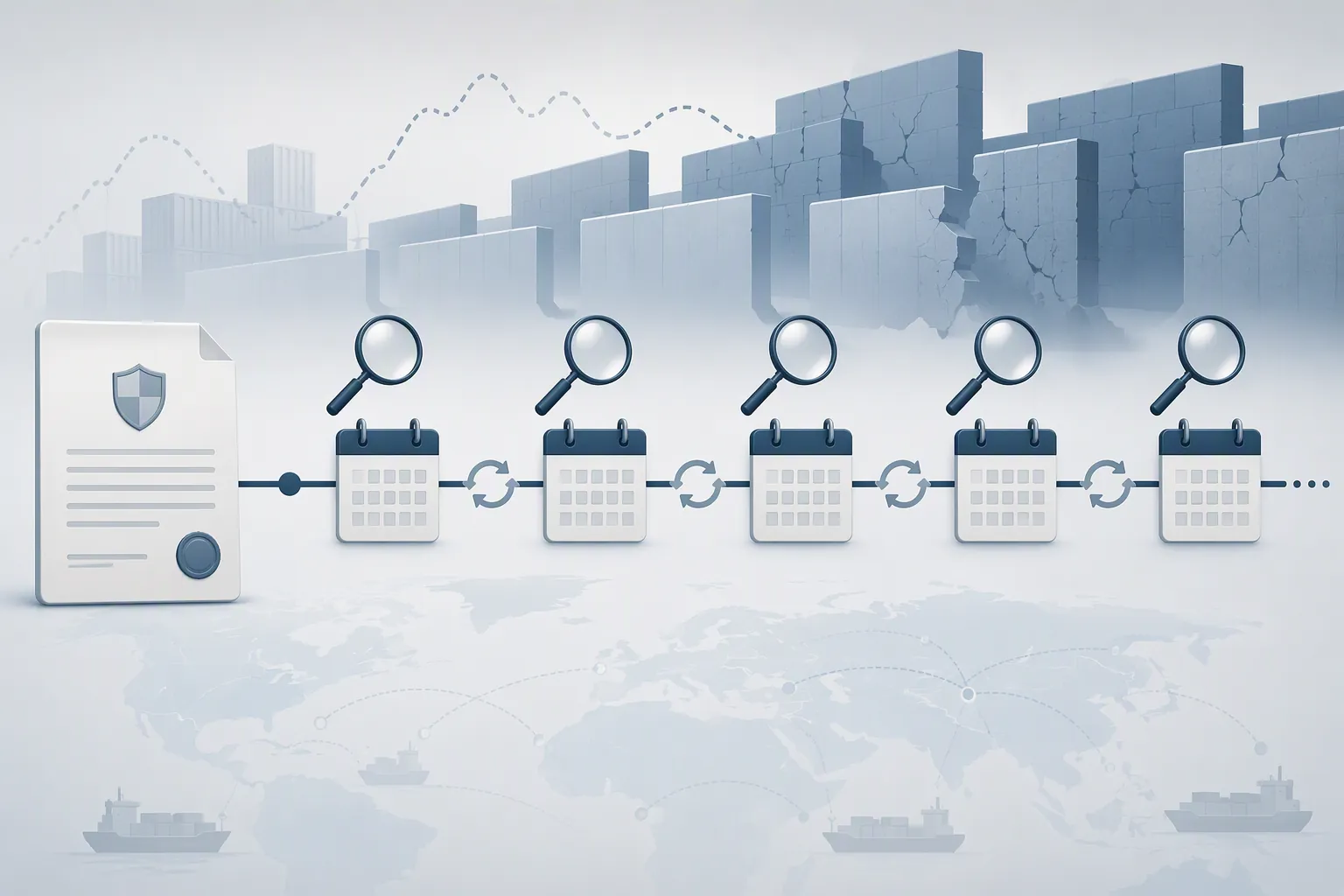 Annual review timeline with recurring magnifying glass symbols and layered barriers