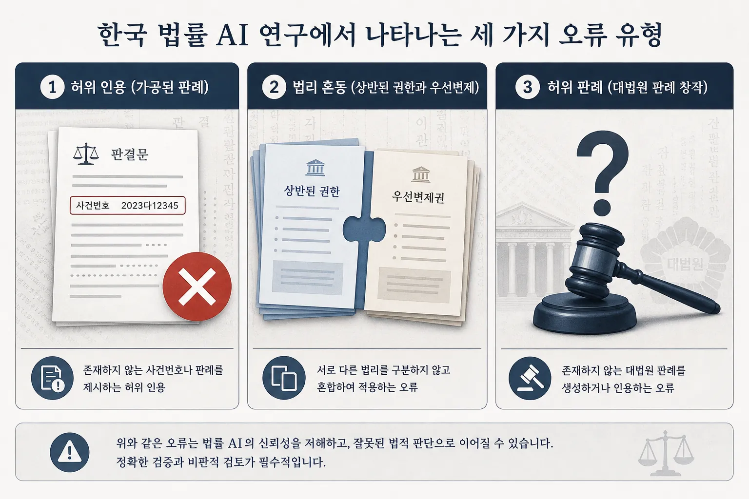 Three panels showing fabricated case numbers, doctrinal conflation, and invented Supreme Court precedents