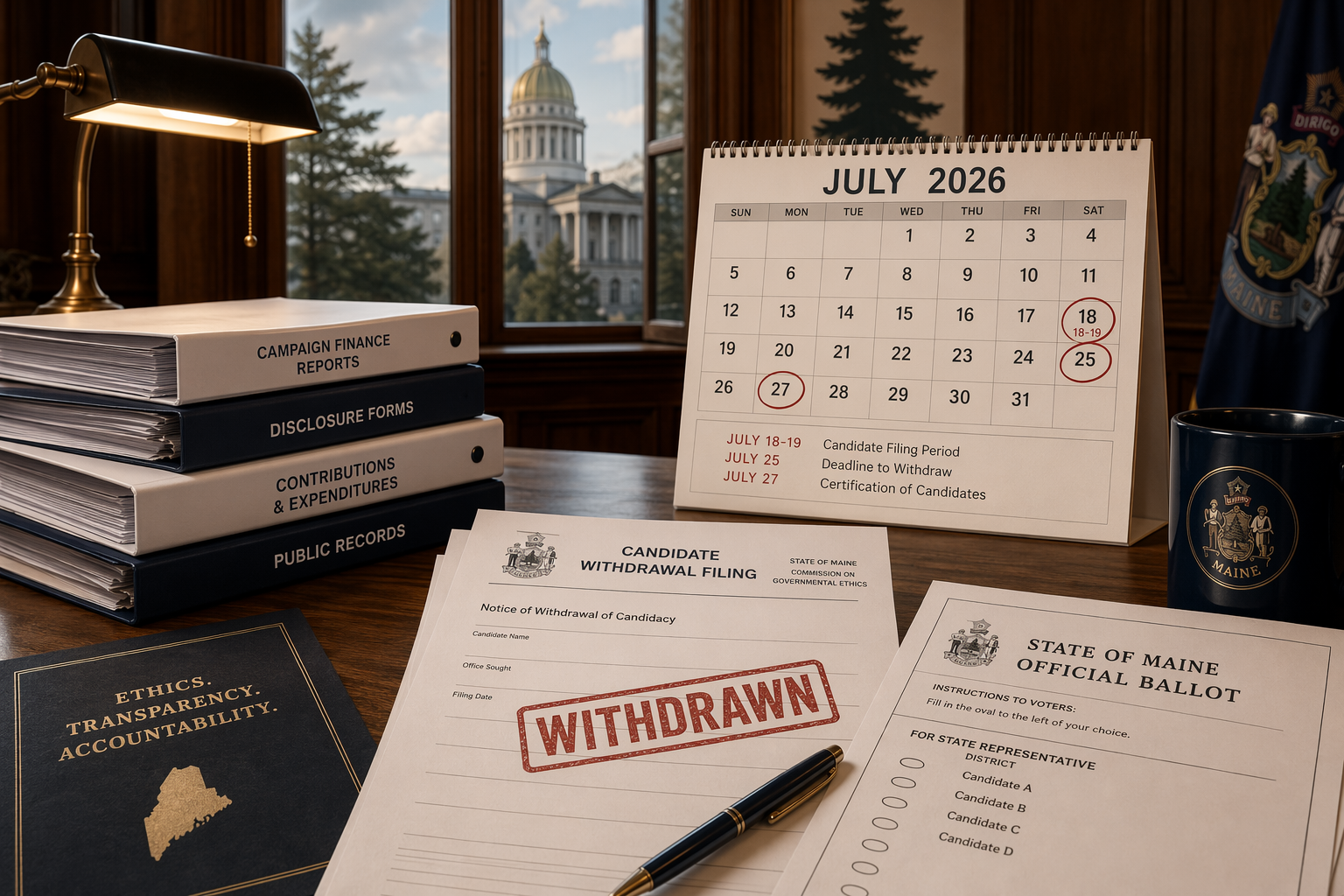 Maine election filing desk with withdrawal paperwork, campaign finance forms, ballot materials, and July 2026 calendar