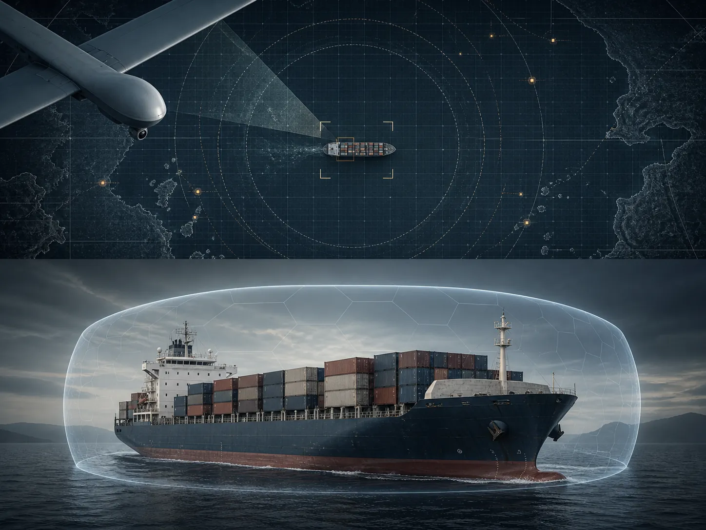 Conceptual radar and sensor grid showing a cargo ship under verification and protected civilian status