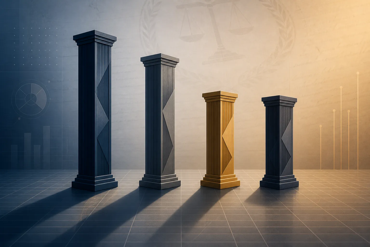Four abstract pillars representing different antitrust risk levels