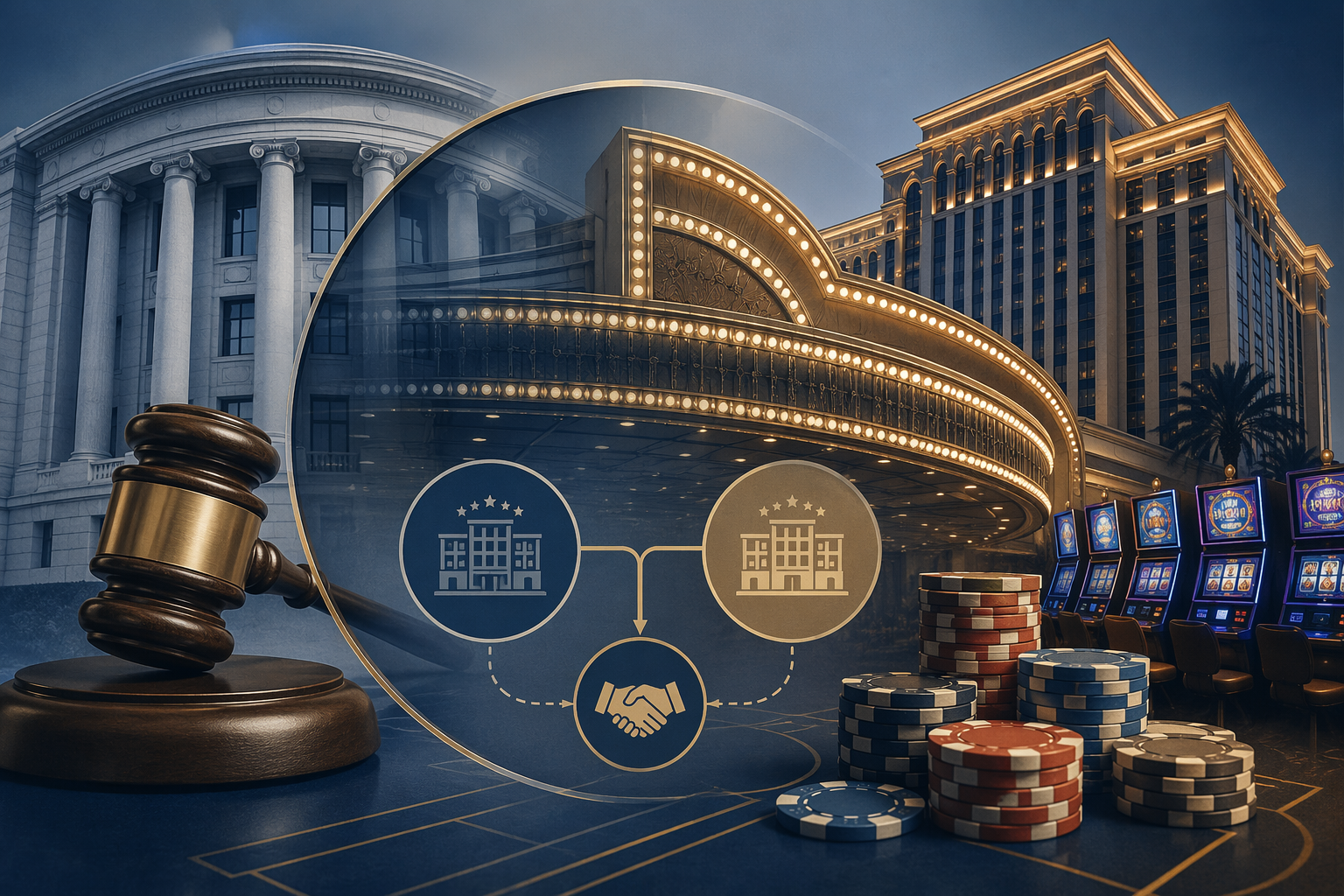 Editorial illustration of casino merger antitrust review with poker chips, casino signage, a gavel, FTC building silhouette, and transaction diagram