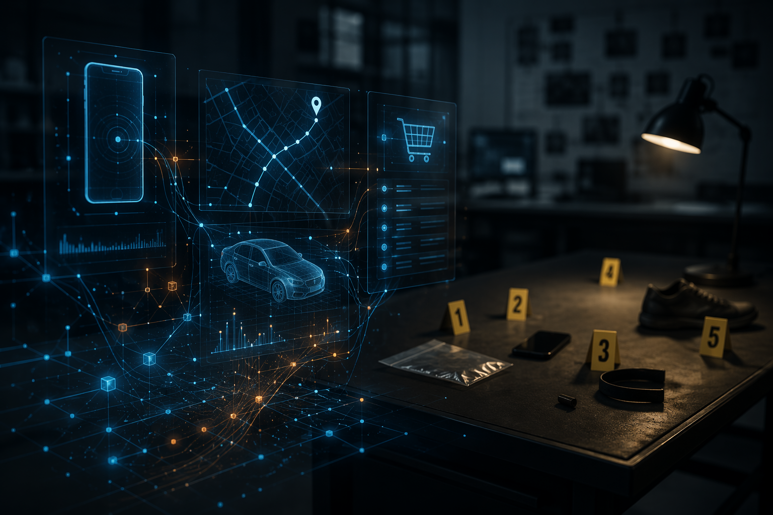 Digital evidence panels and data nodes intersecting with a forensic examination table