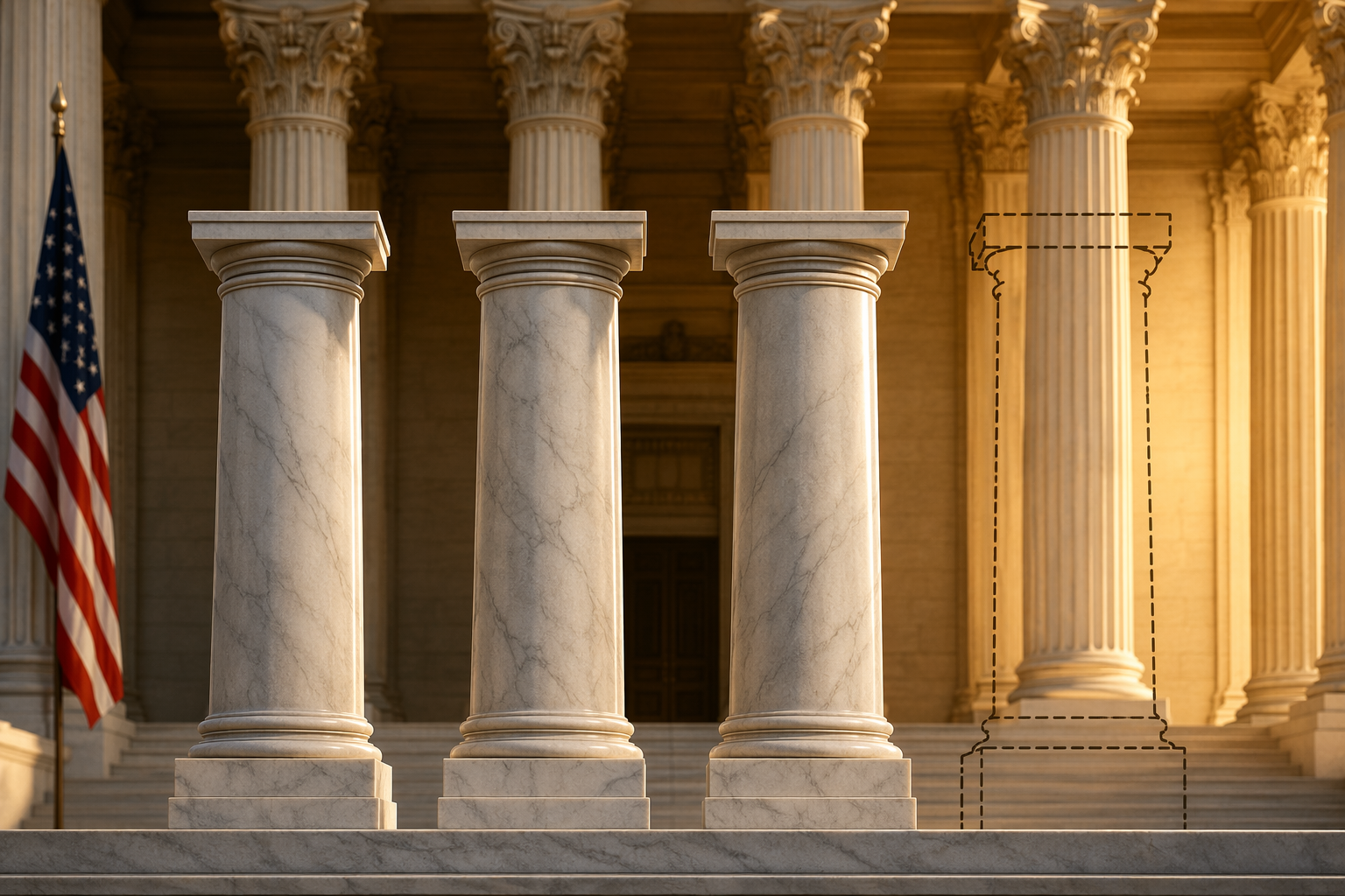 Three marble pillars labeled Age, Citizenship, and Residency with an empty pedestal where a Health Disclosure pillar would be