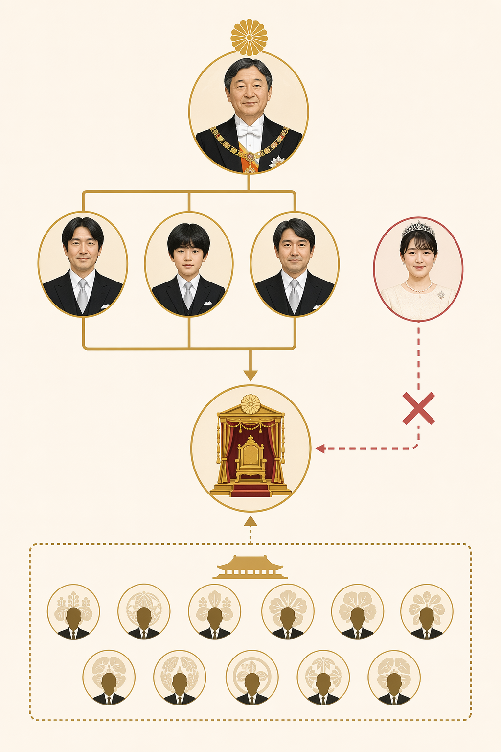 Infographic of Japan's imperial succession showing Emperor Naruhito, three male heirs, Princess Aiko, and an adoption pool from former princely houses.