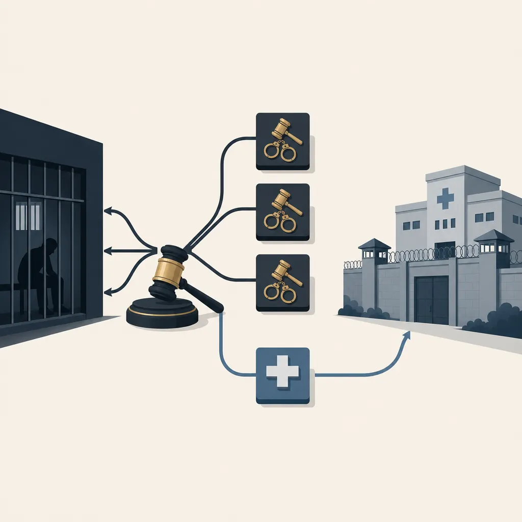 Diagram contrasting three criminal verdict paths with the secure psychiatric commitment path for not criminally responsible