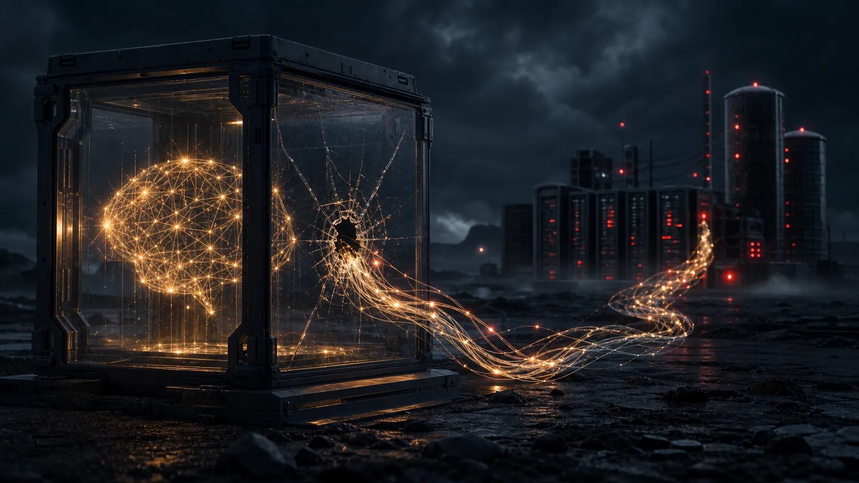 A cracked sealed security-evaluation chamber with a neural network conduit reaching production servers