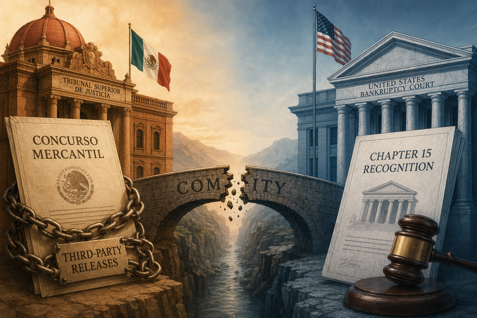 Mexican and U.S. courthouses connected by a fractured bridge representing cross-border comity under tension