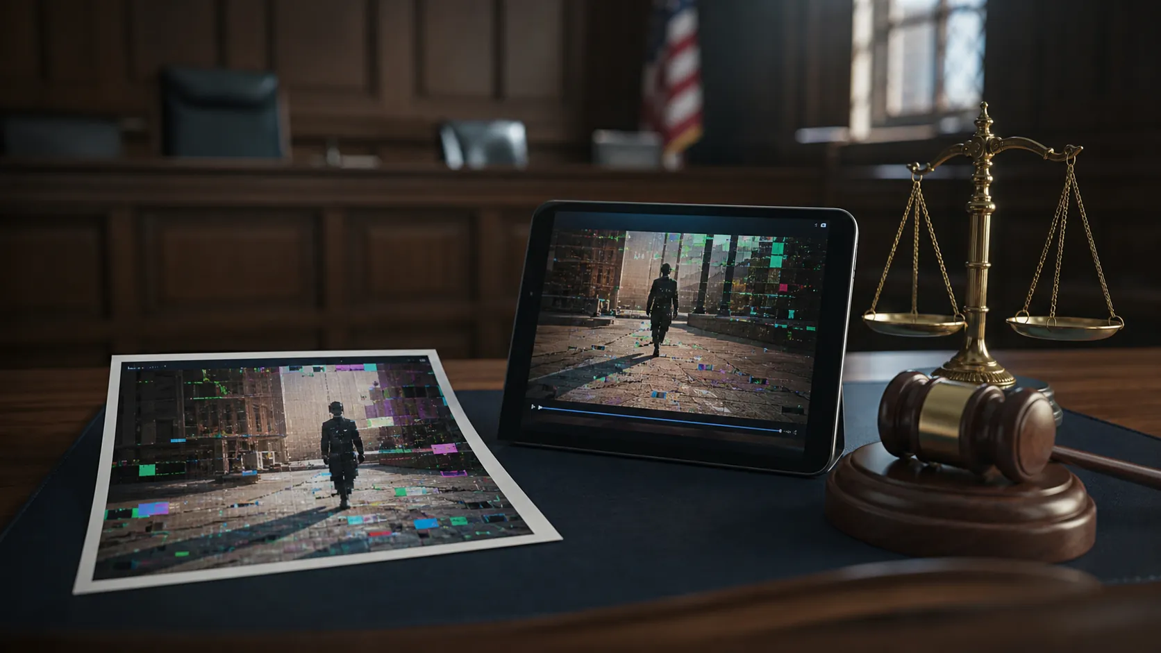 Modern courtroom counsel table with a printed photo and tablet video exhibit showing subtle digital glitch artifacts