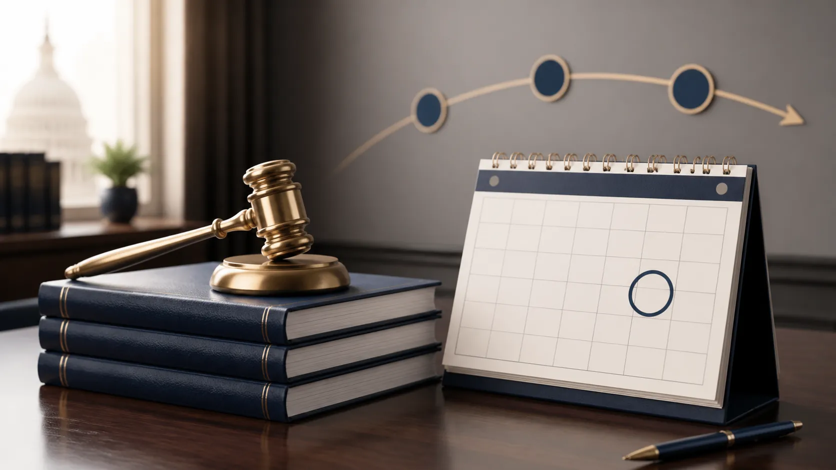 Gavel, documents, and highlighted calendar date suggesting a scheduled legal decision point