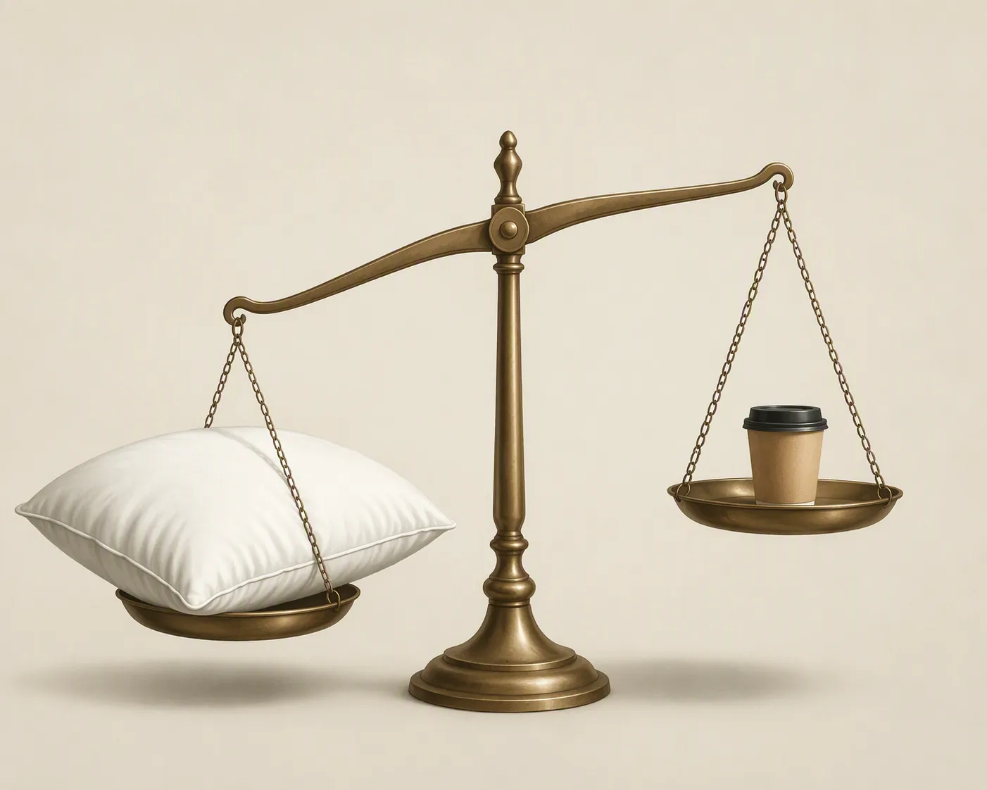Balance scale with a white pillow on one pan and a small paper coffee cup on the other