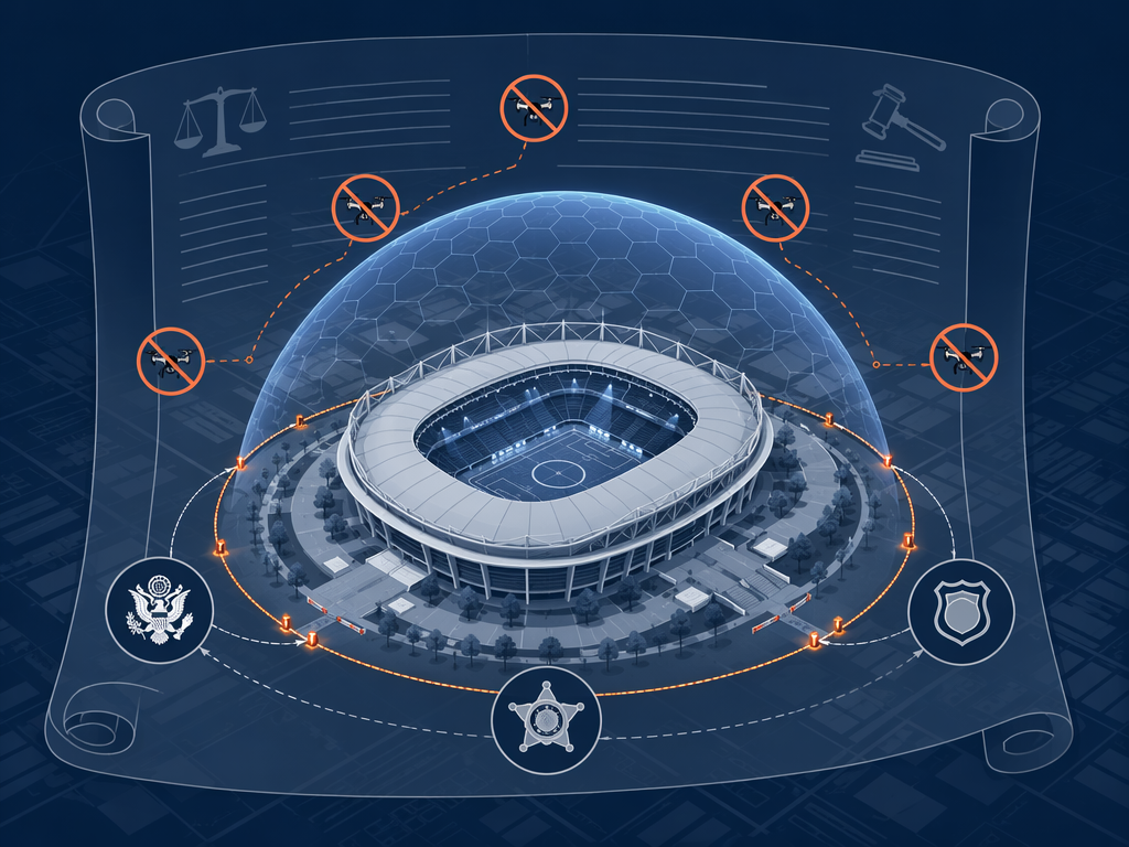 Multi-jurisdictional counter-drone security shield around a World Cup stadium
