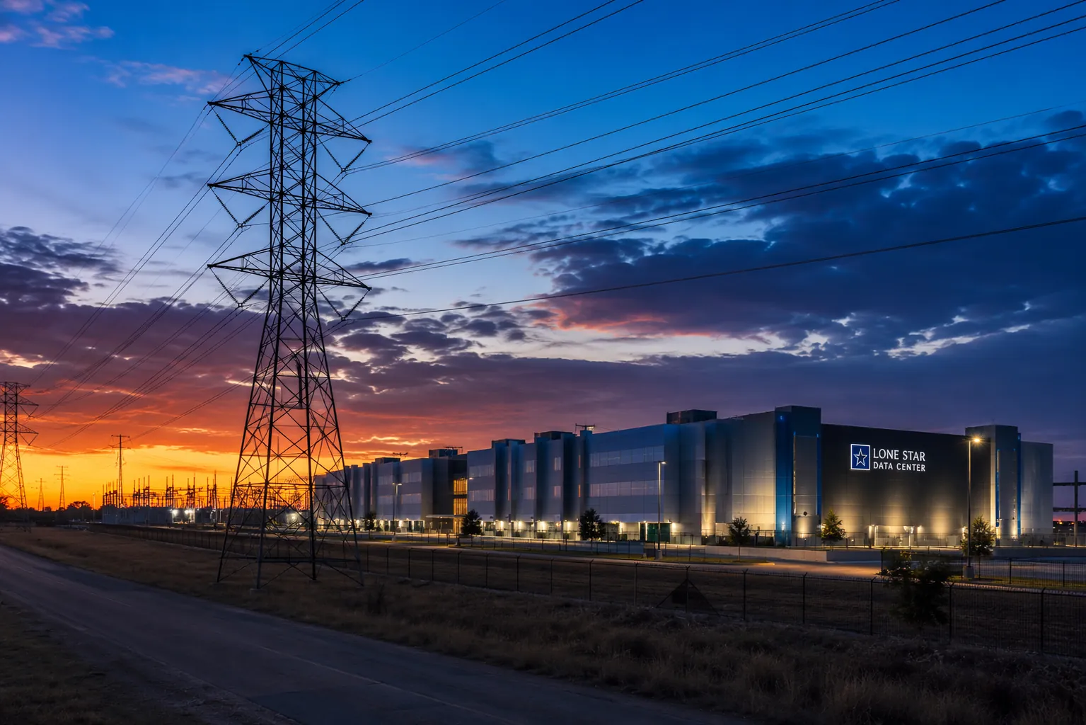A Texas data center near high-voltage transmission lines at twilight