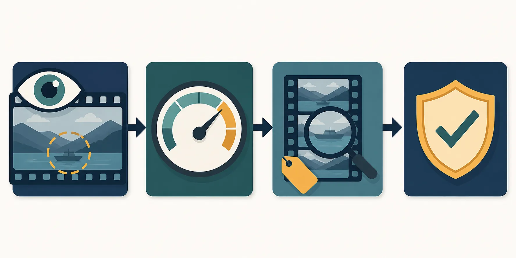 Four-stage video verification chain showing visual review, detector testing, source tracing, and official confirmation
