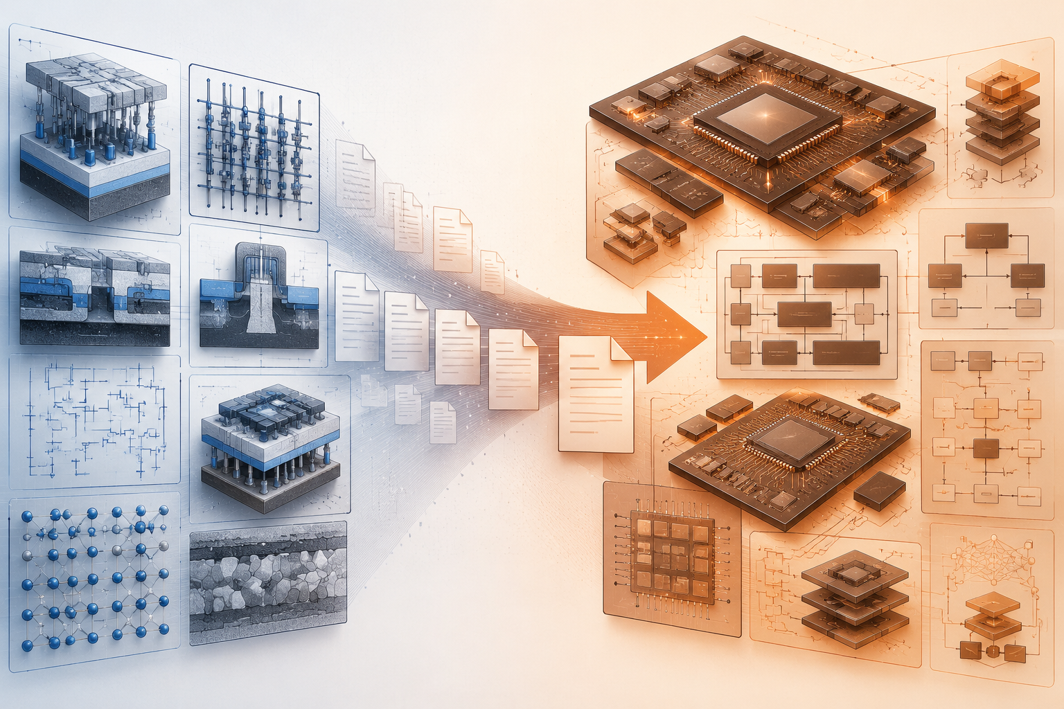 Editorial visual showing analog AI patent claims evolving from device-physics diagrams to system-level integration architecture