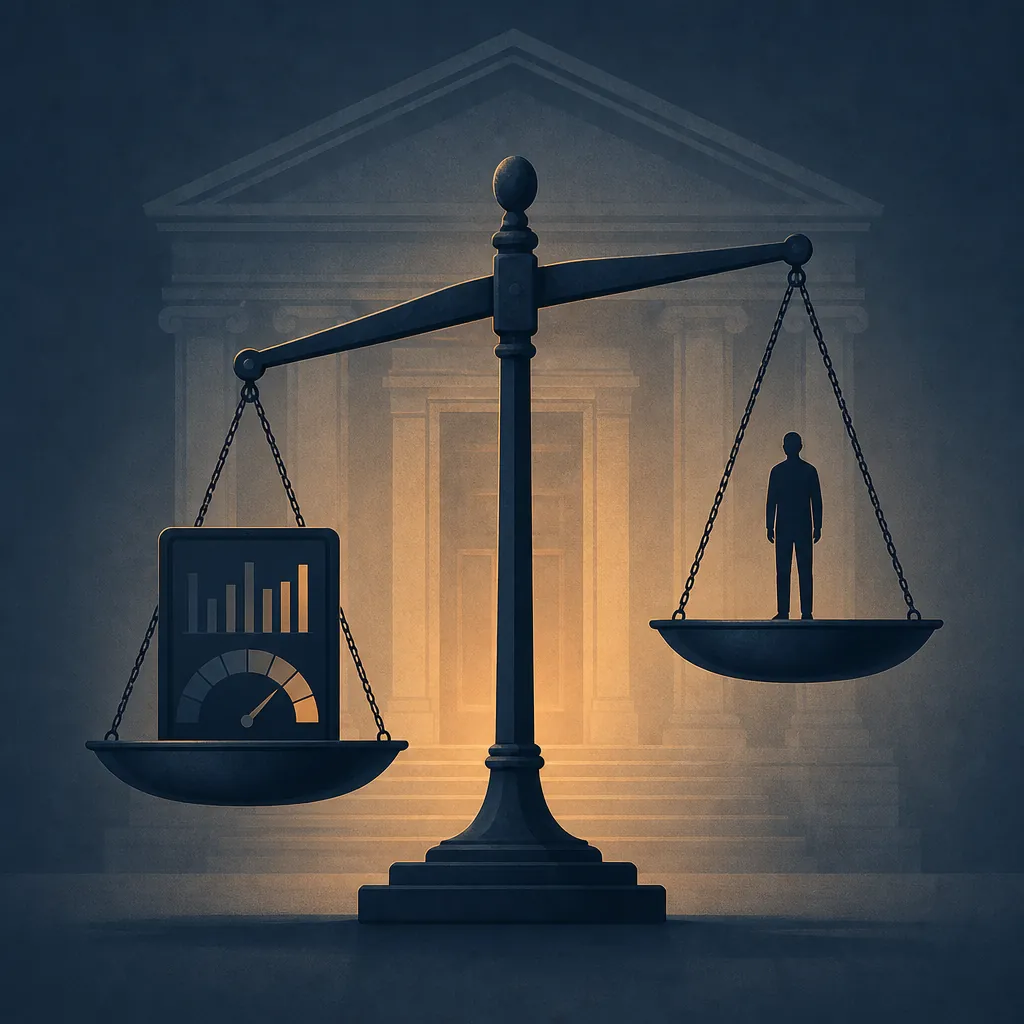 Justice scale balancing a digital risk panel against a human figure