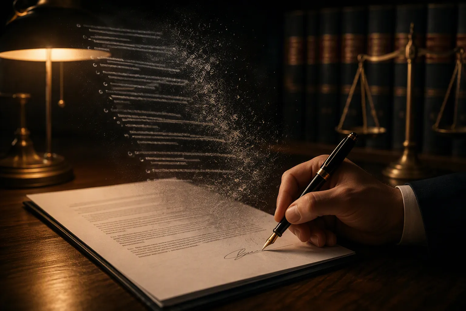 A lawyer signs a legal brief while ghost-like citation lines dissolve above the page