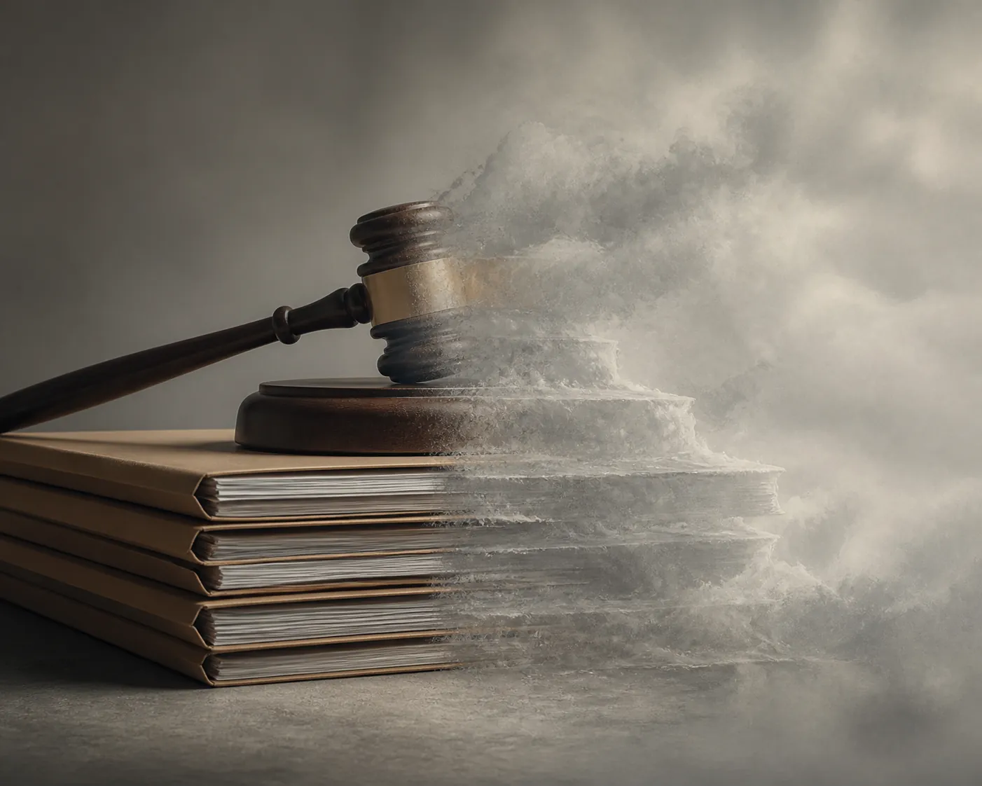 Gavel and case files shown partly solid and partly dissolving into mist to separate confirmed facts from unverified claims