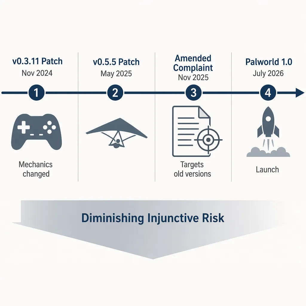 Timeline of Palworld litigation milestones showing November 2024 and May 2025 patches, a November 2025 amended complaint, and Palworld 1.0 in July 2026