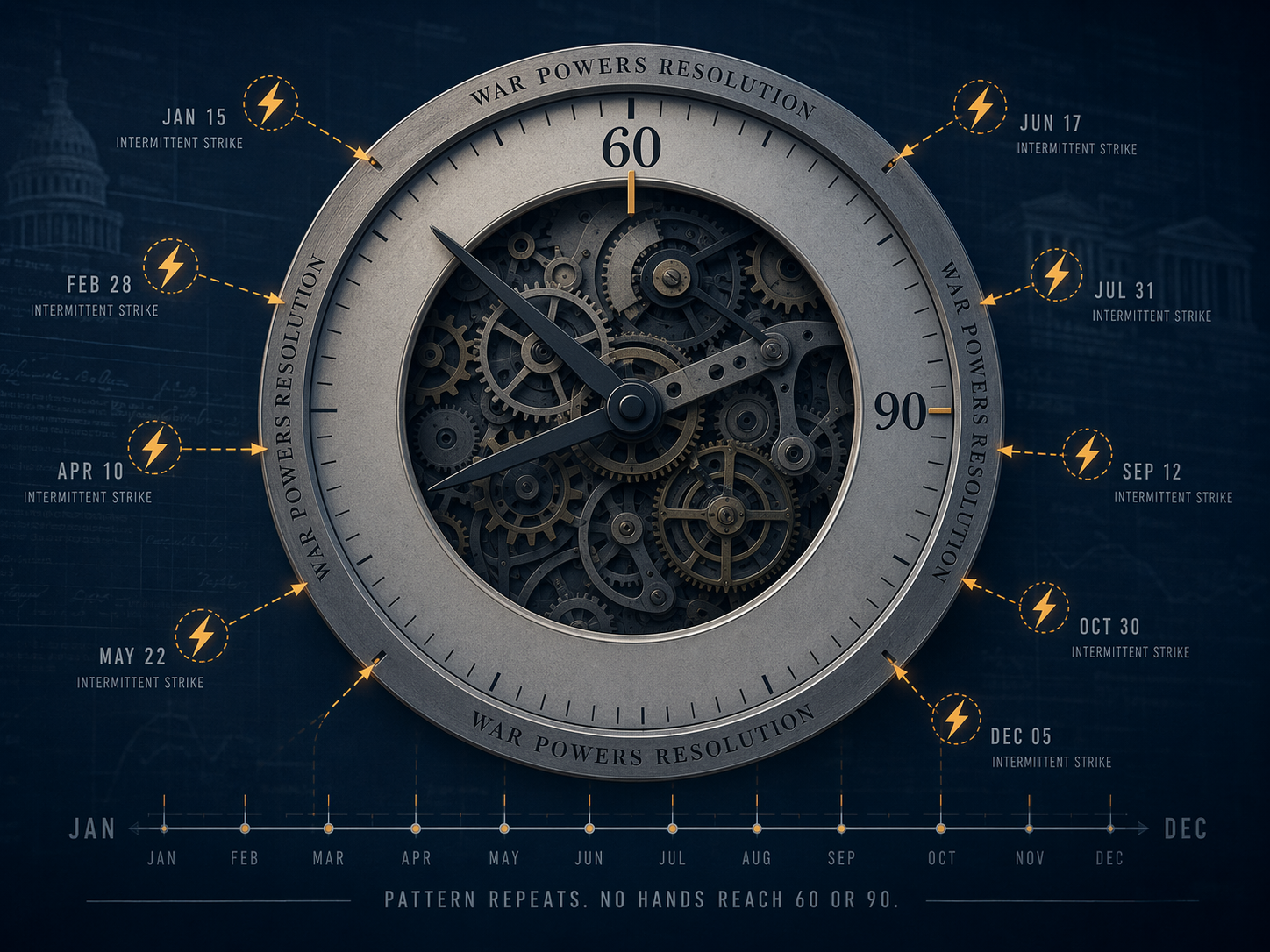 War Powers Resolution clock surrounded by intermittent strikes