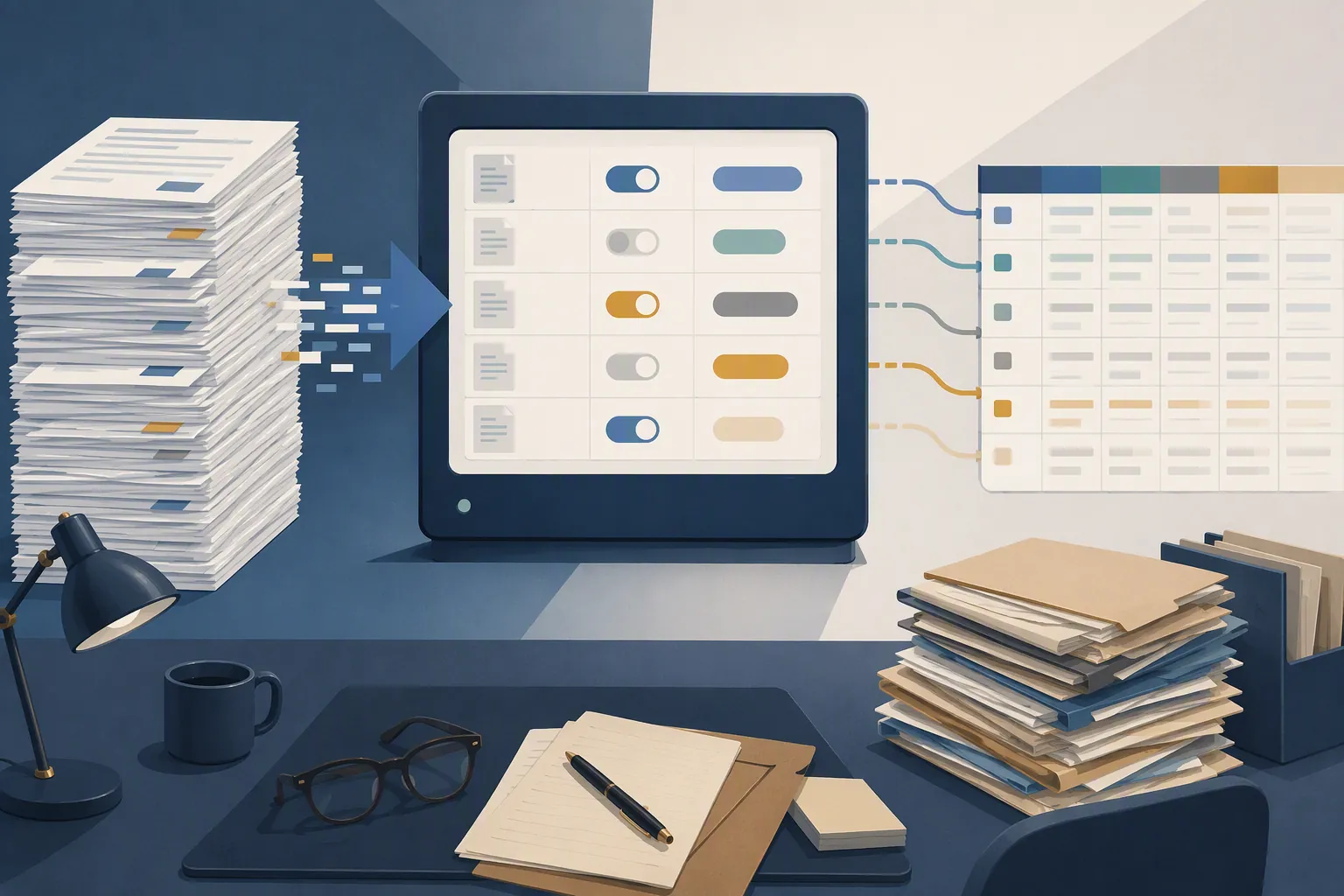 An automated grant-screening workflow showing documents feeding into yes-or-no classifier toggles and then into a spreadsheet while a human review desk sits displaced