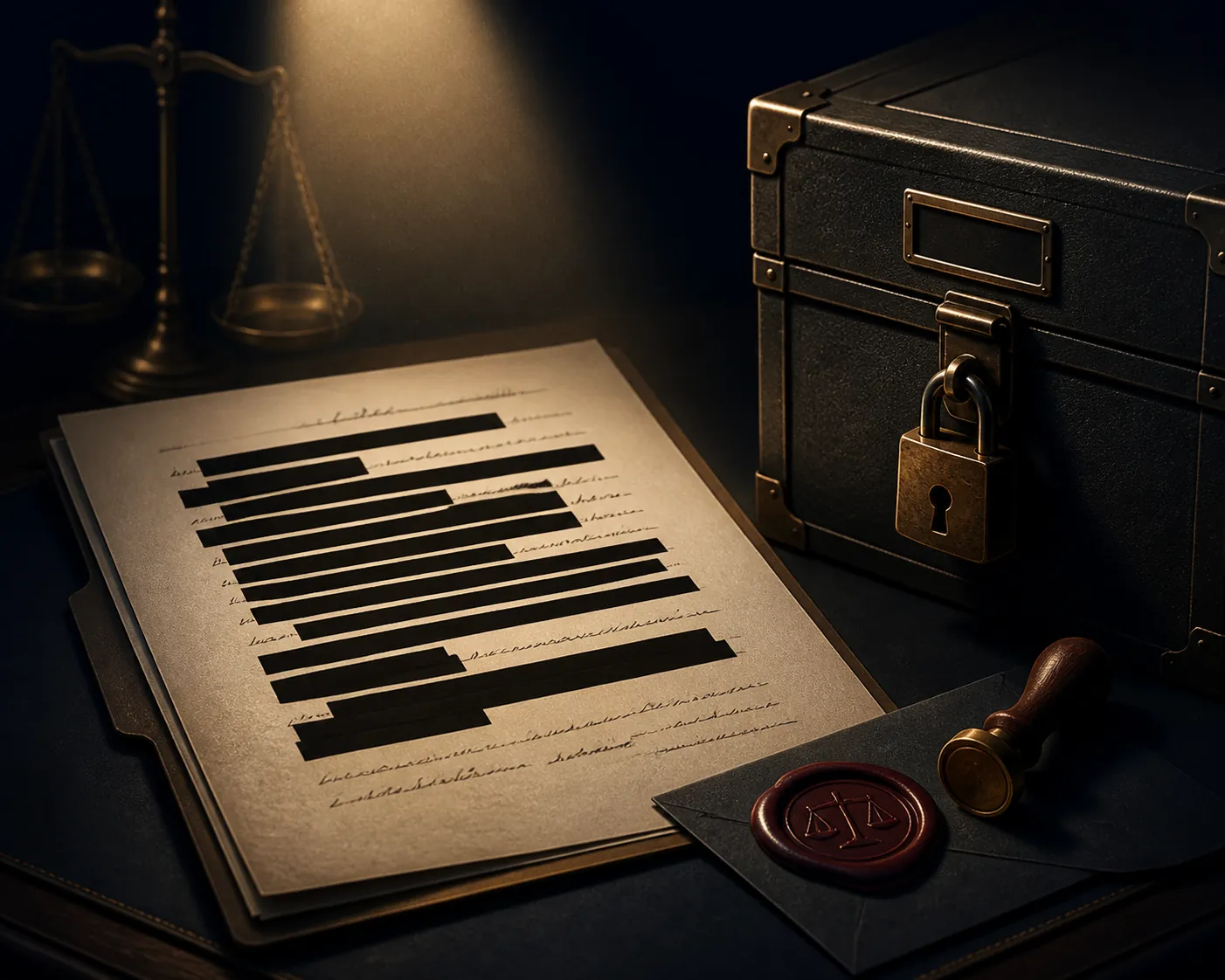 Redacted bank litigation document beside a sealed archive box under warm light