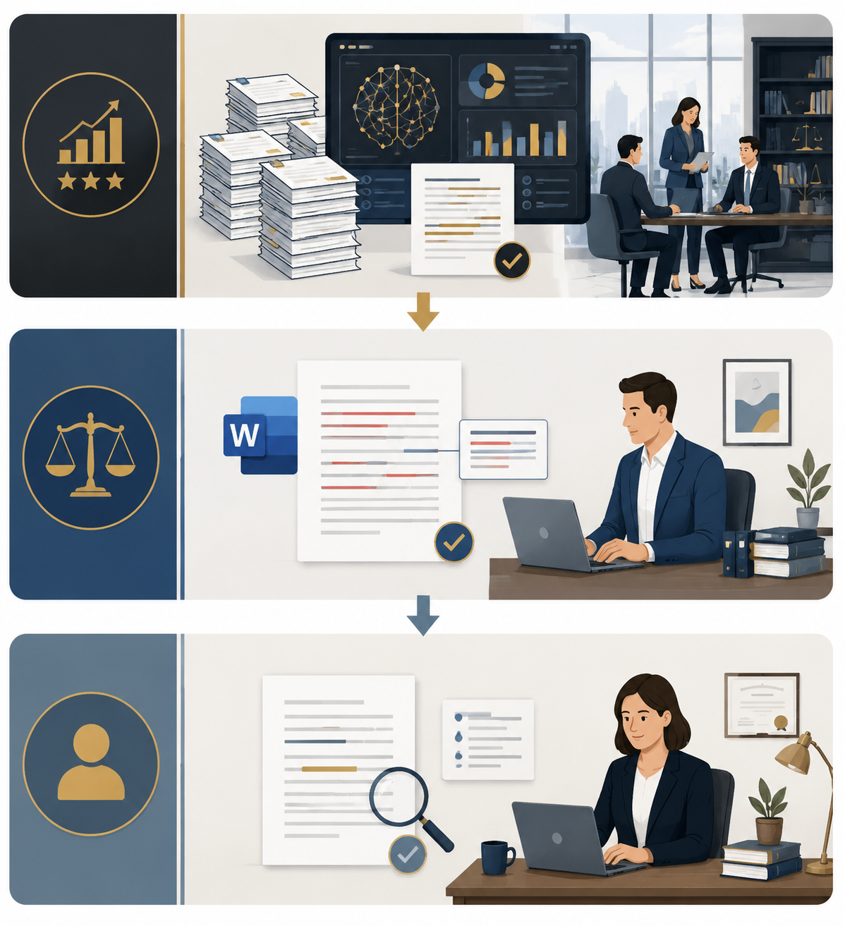 Stacked tiers showing budget-conscious solo practice, Word-focused transactional practice, and higher-volume commercial review