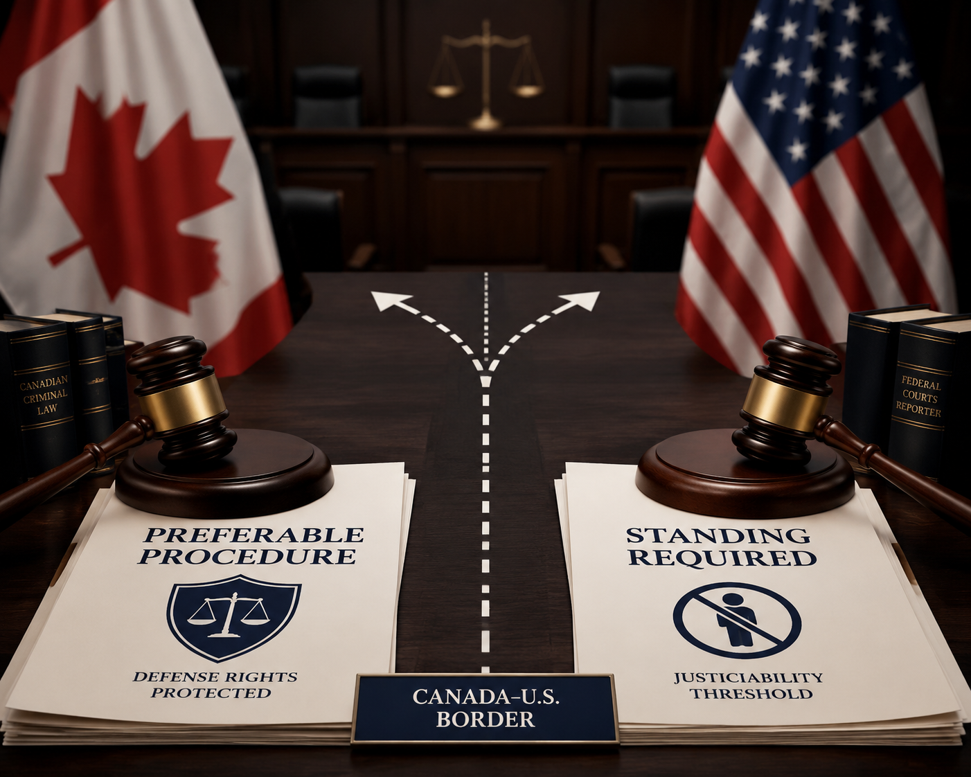 Split Canadian and American legal paths diverging from a recall dispute