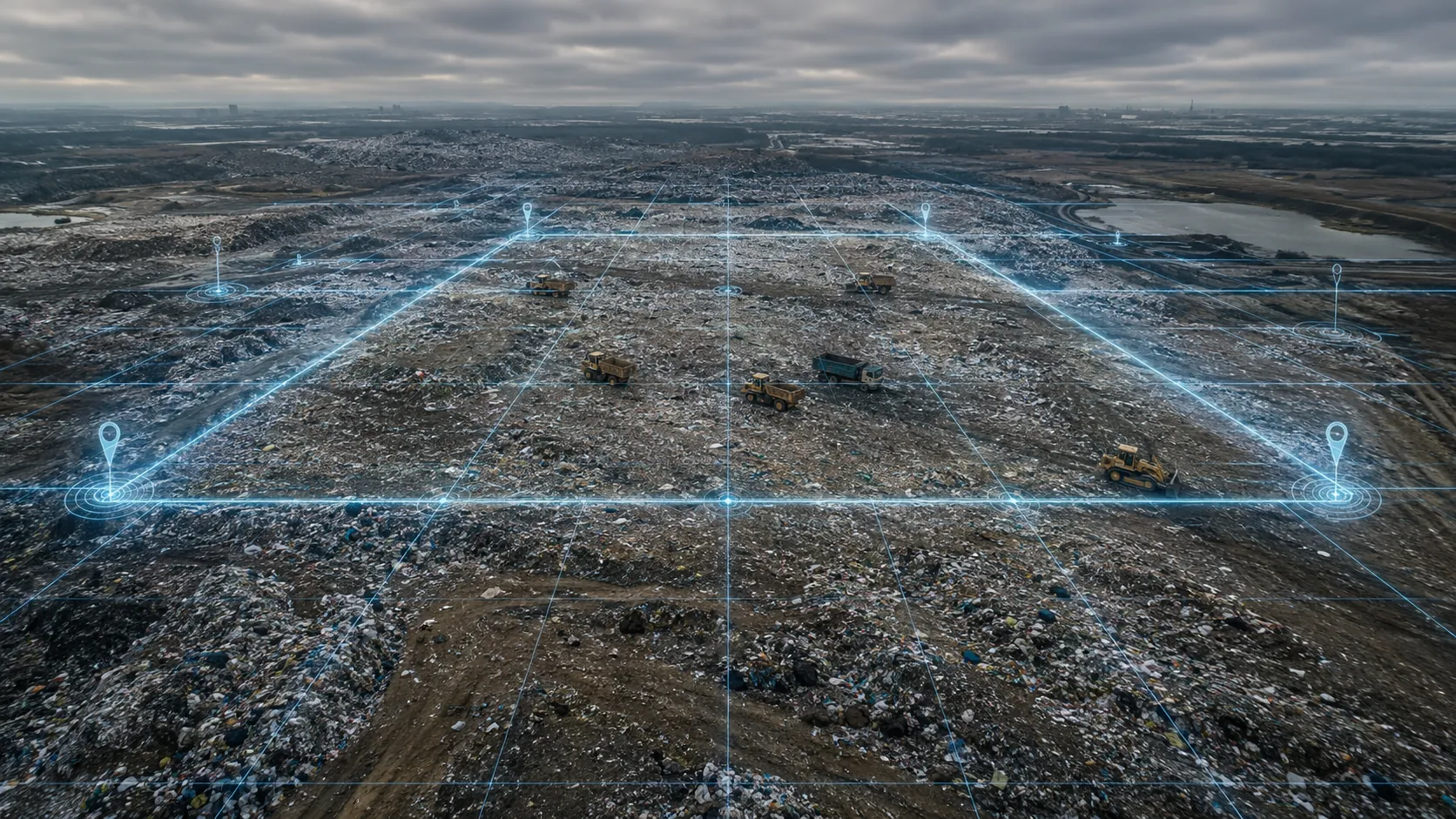 Aerial landfill search area with digital GPS grid and marked search zone
