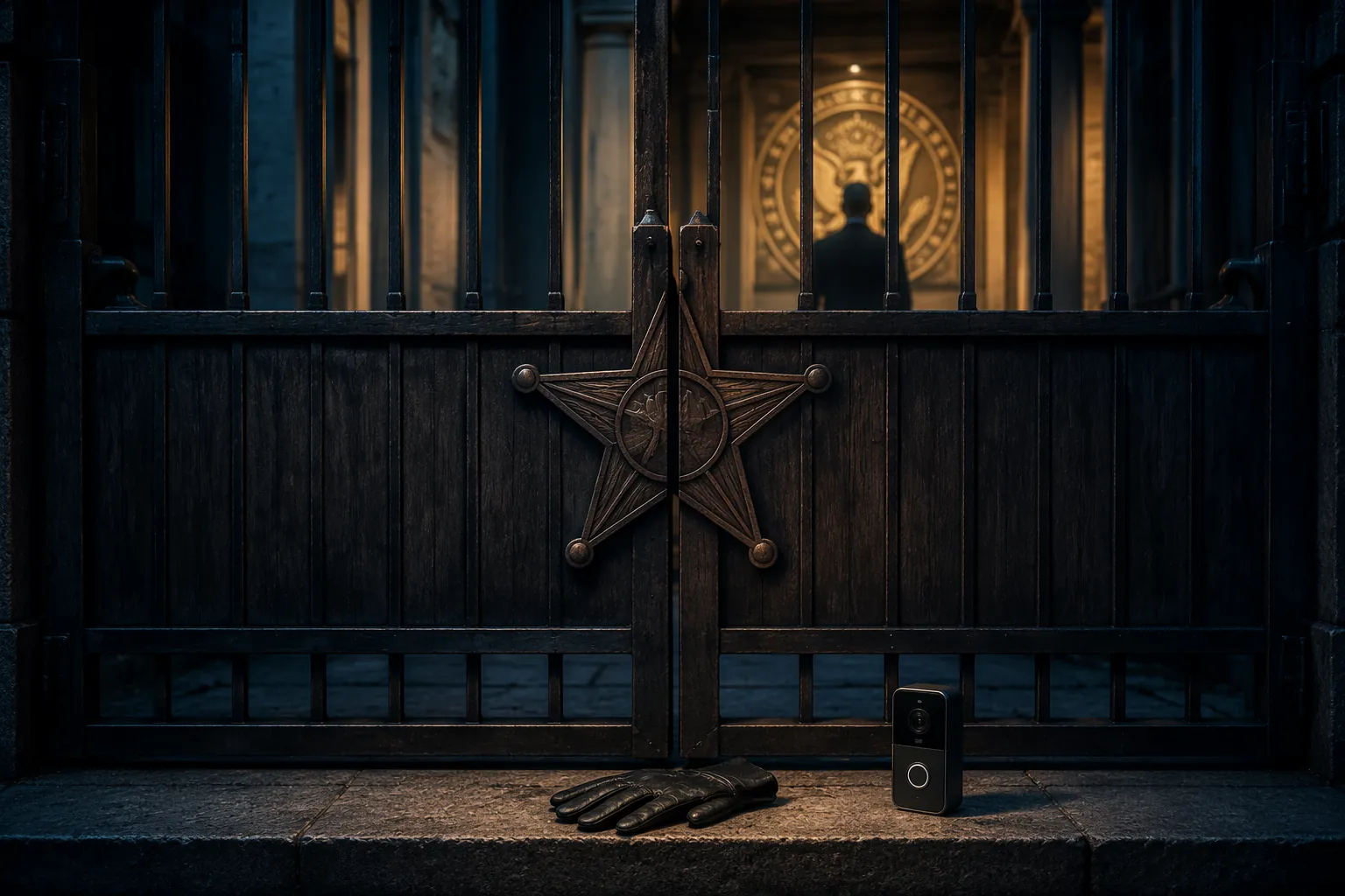 A sheriff gate separates local evidence from a distant federal seal and suited figure