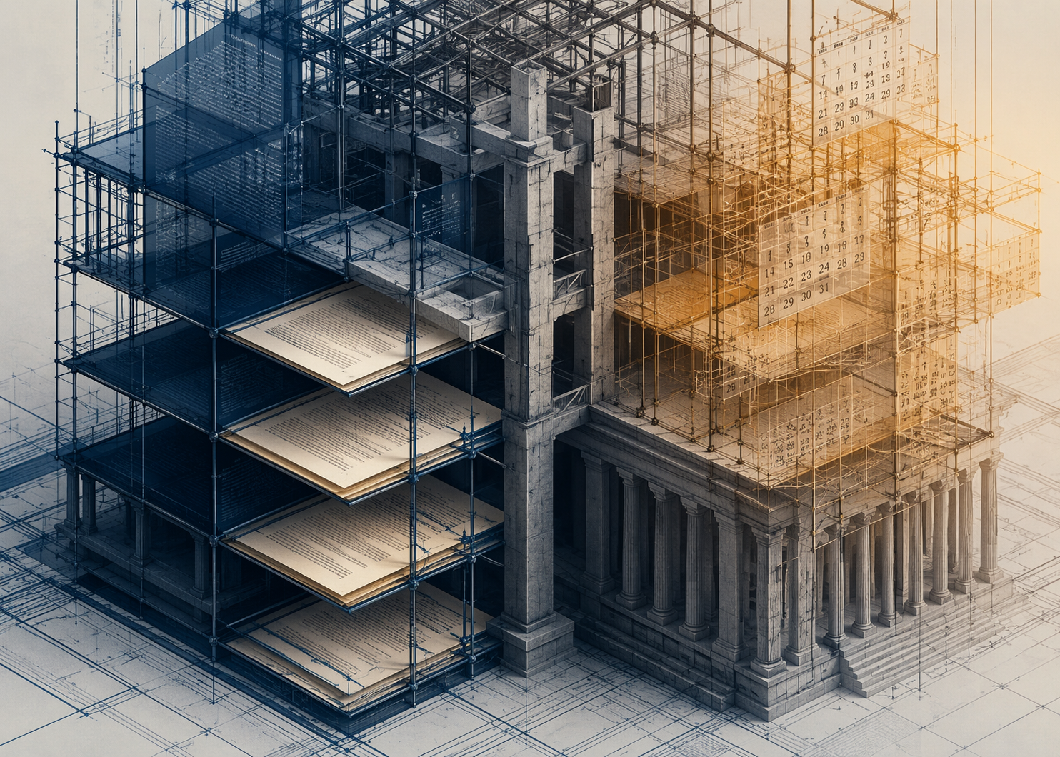 Abstract legal scaffolding made from layered documents and structural framework elements, with calendar markers suggesting expiring authorities