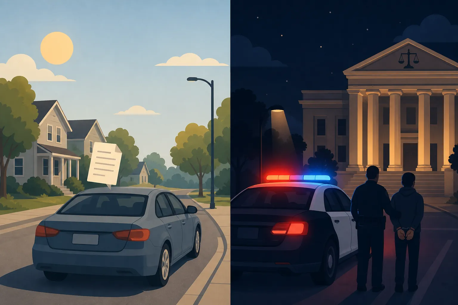 Split illustration showing the shift from a civil traffic citation to a criminal misdemeanor with police lights and a courthouse
