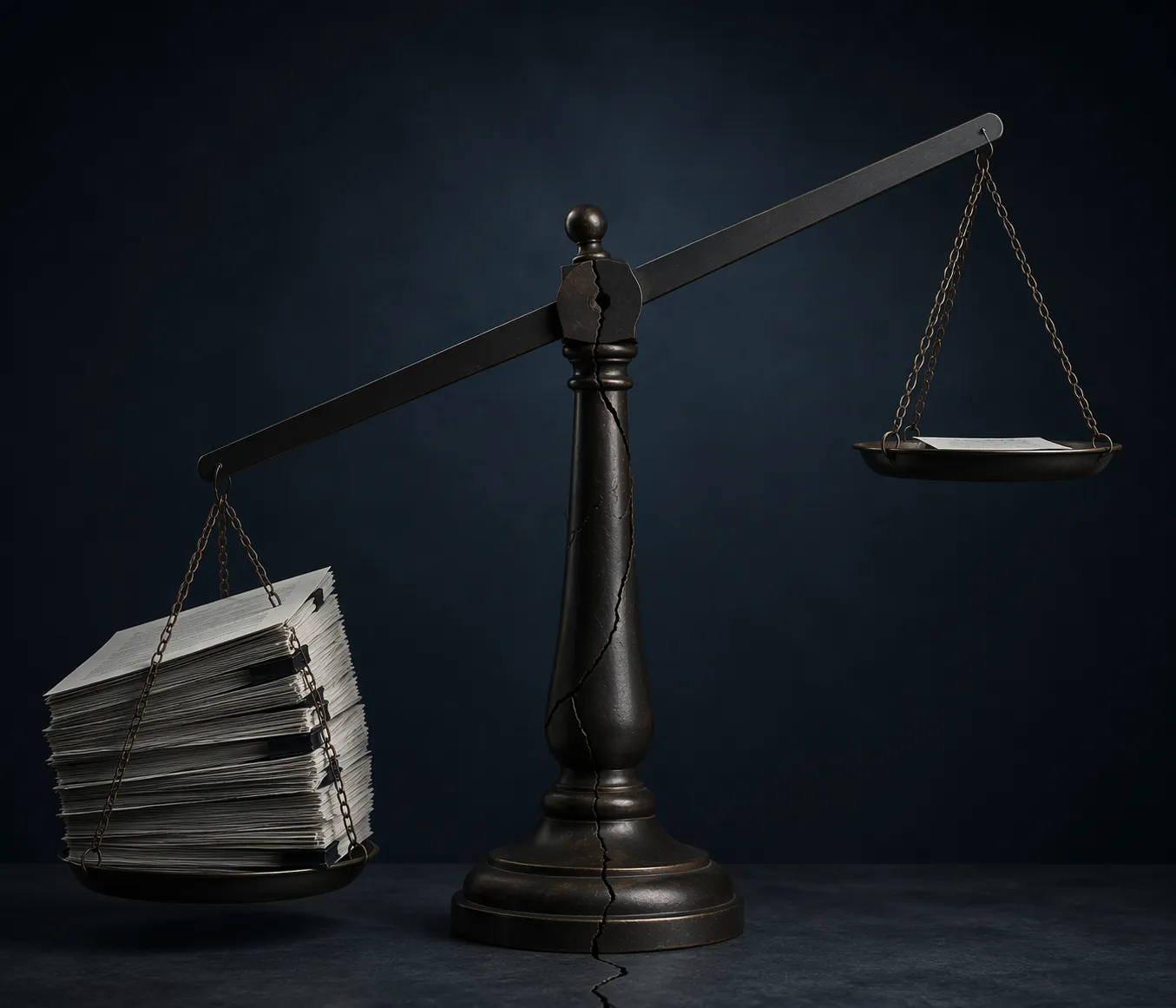 Unbalanced scale with a heavy stack of contracts and a cracked fulcrum