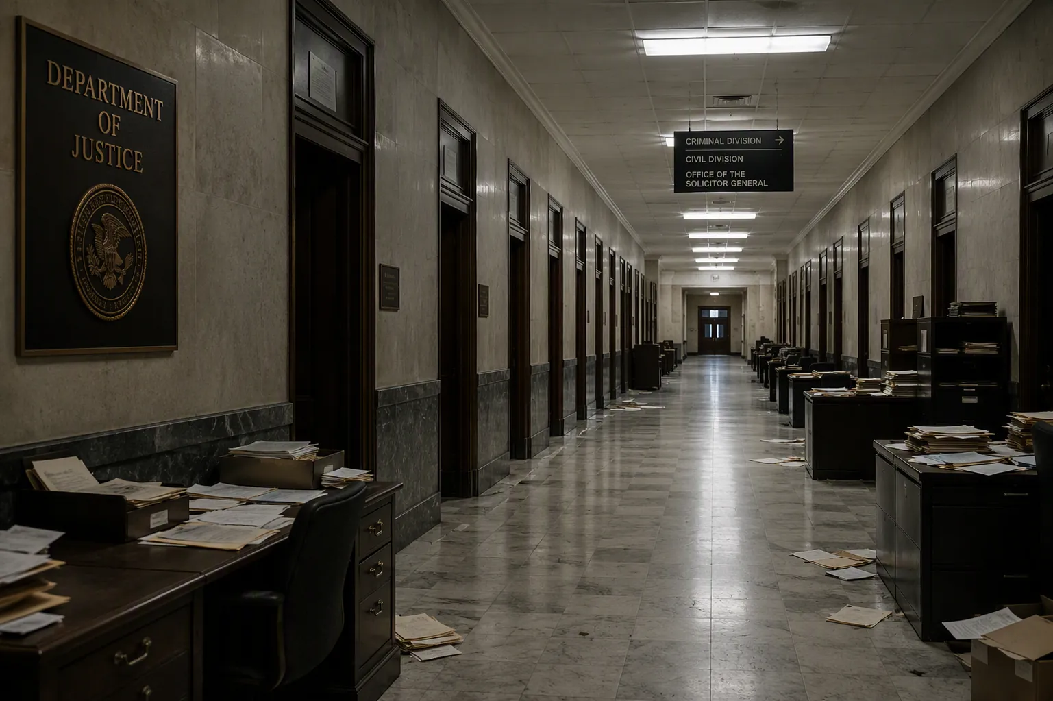 Dimly lit government office corridor with closed doors and empty desks