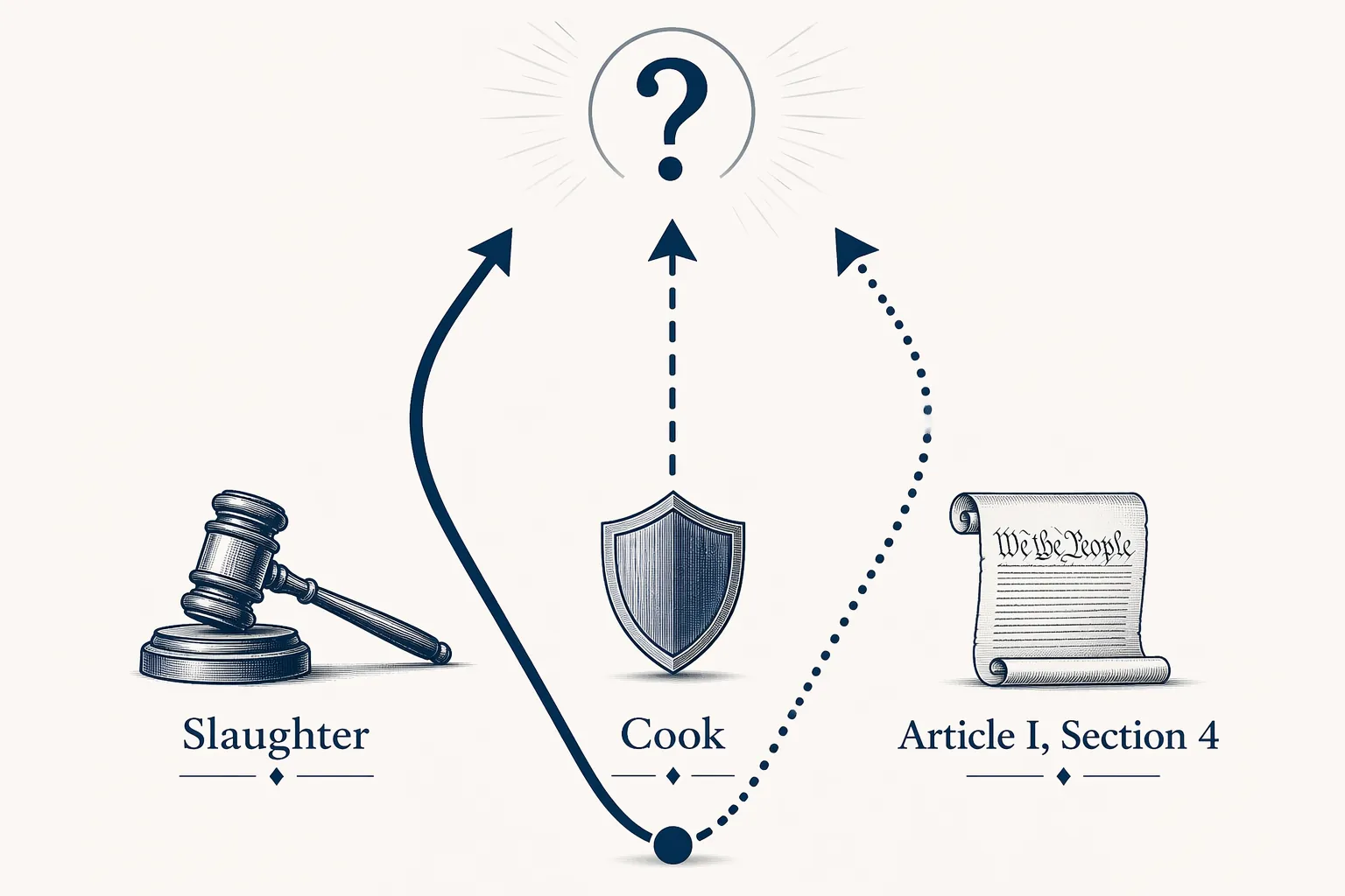 Diagram showing Slaughter, Cook, and Article I Section 4 pathways leading to an unresolved question