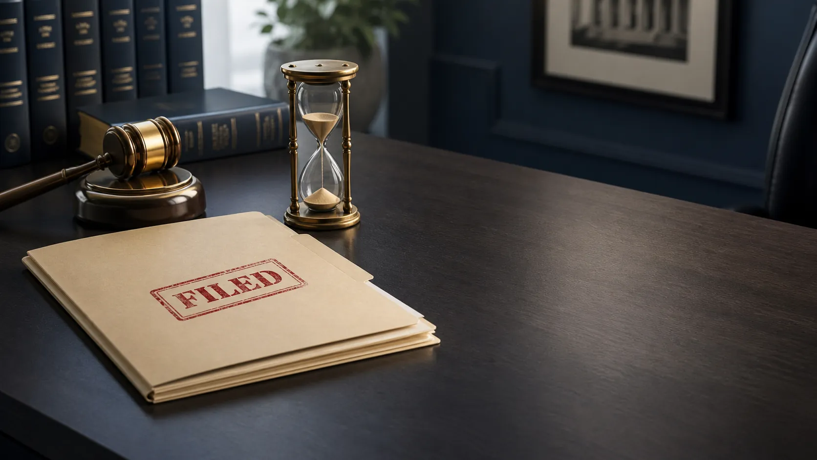Filed legal folder beside a gavel and hourglass, with space left open for a future ruling