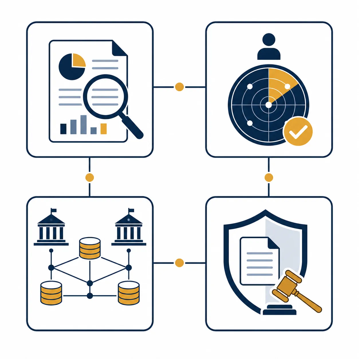 Four-part diagram of a report, automated screening, government data sharing, and appeals guardrails