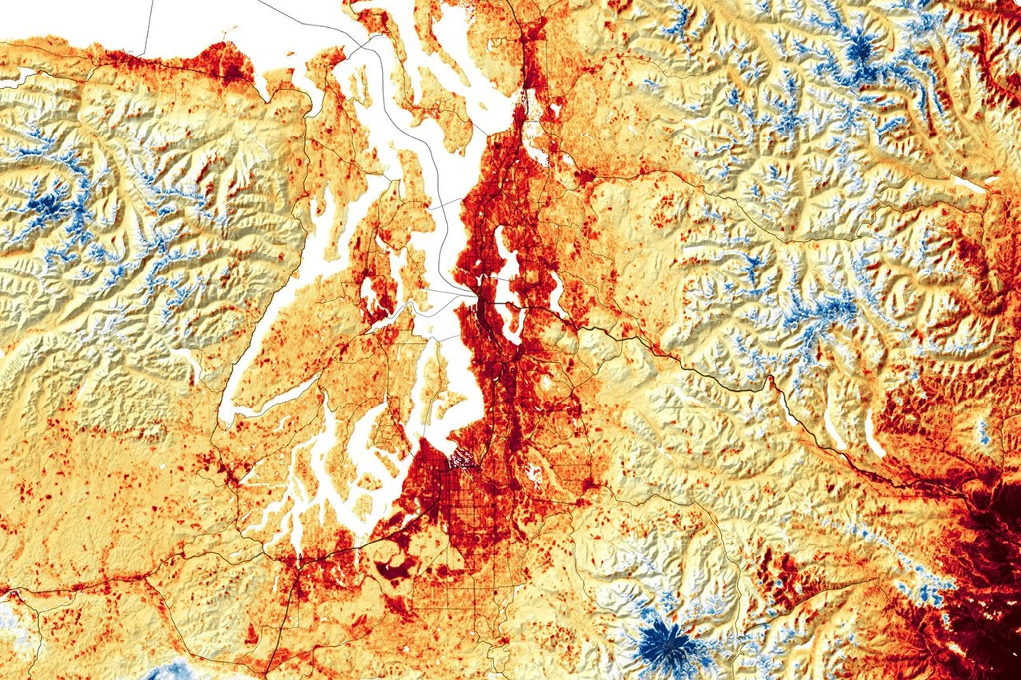 NASA thermal satellite map of Seattle and the Pacific Northwest during the June 2021 heat dome