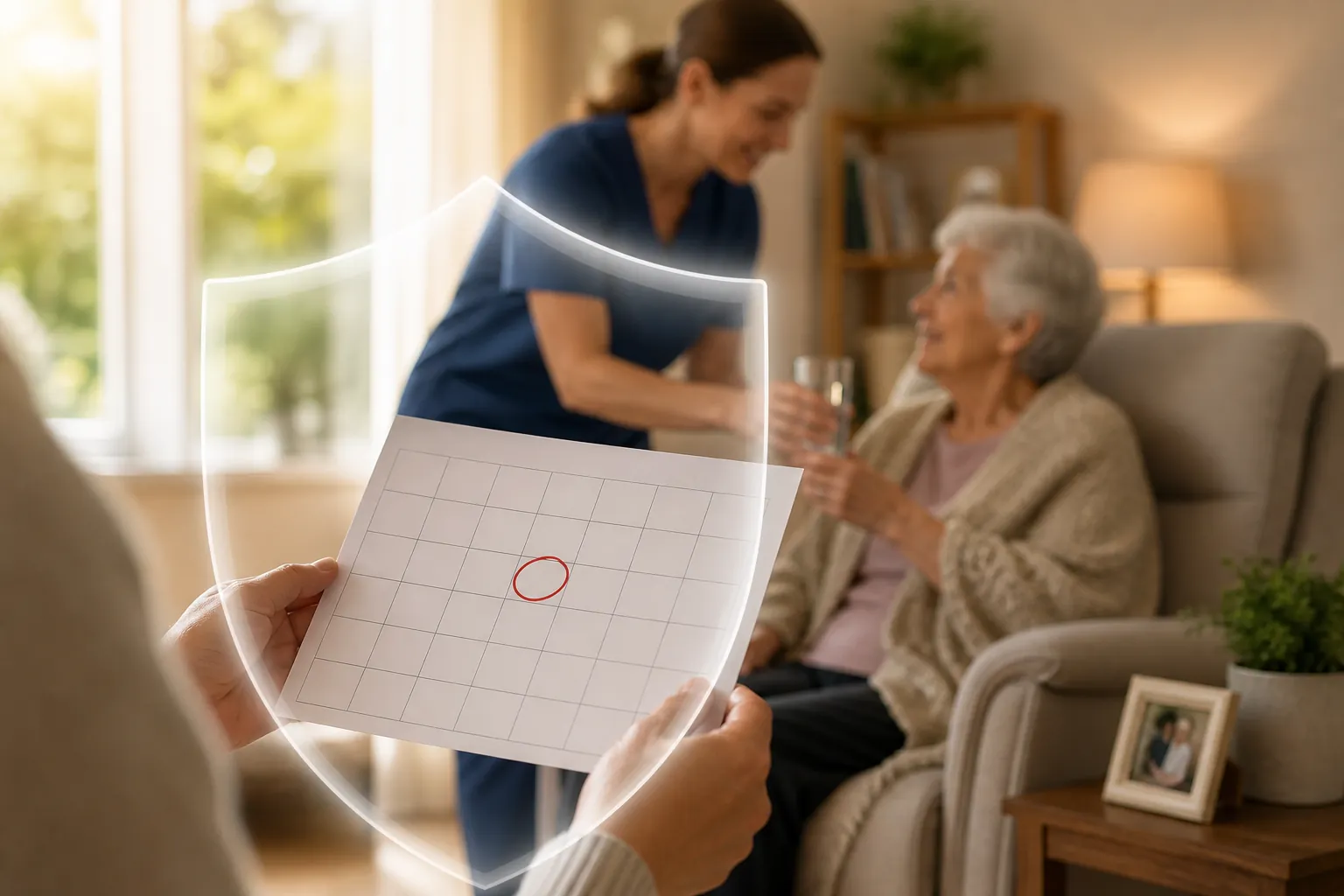 Caregiver holding a calendar with a circled date while care continues at home