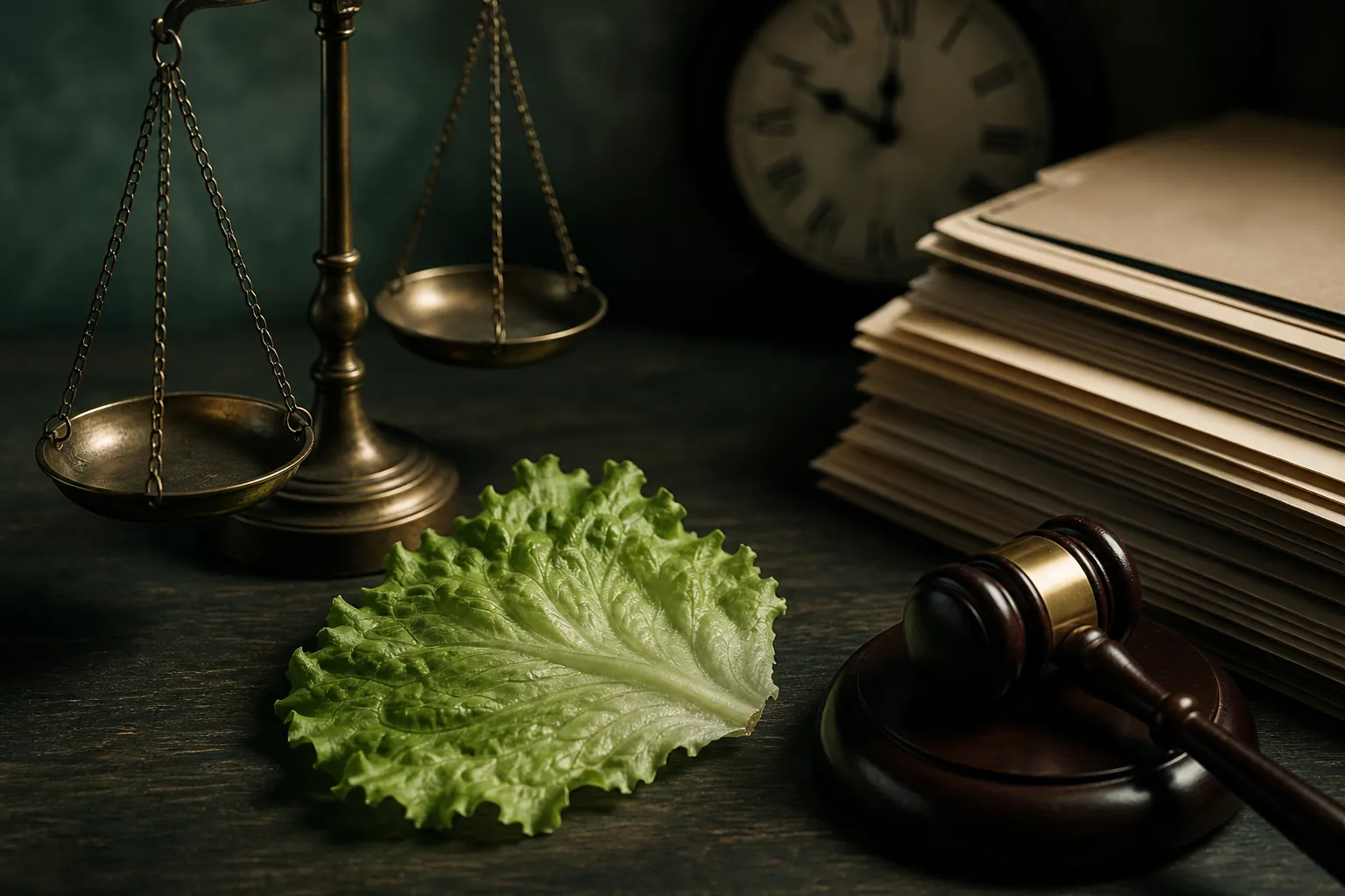 Law office desk with legal folders, a gavel, scales of justice, and an iceberg lettuce leaf suggesting recall litigation delay
