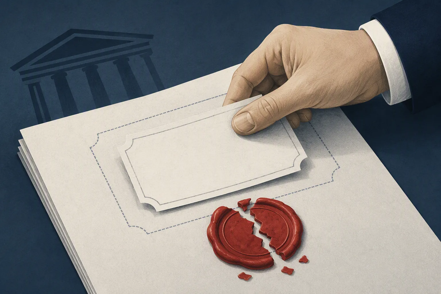 Illustration of a new label being placed over an older struck-down legal document