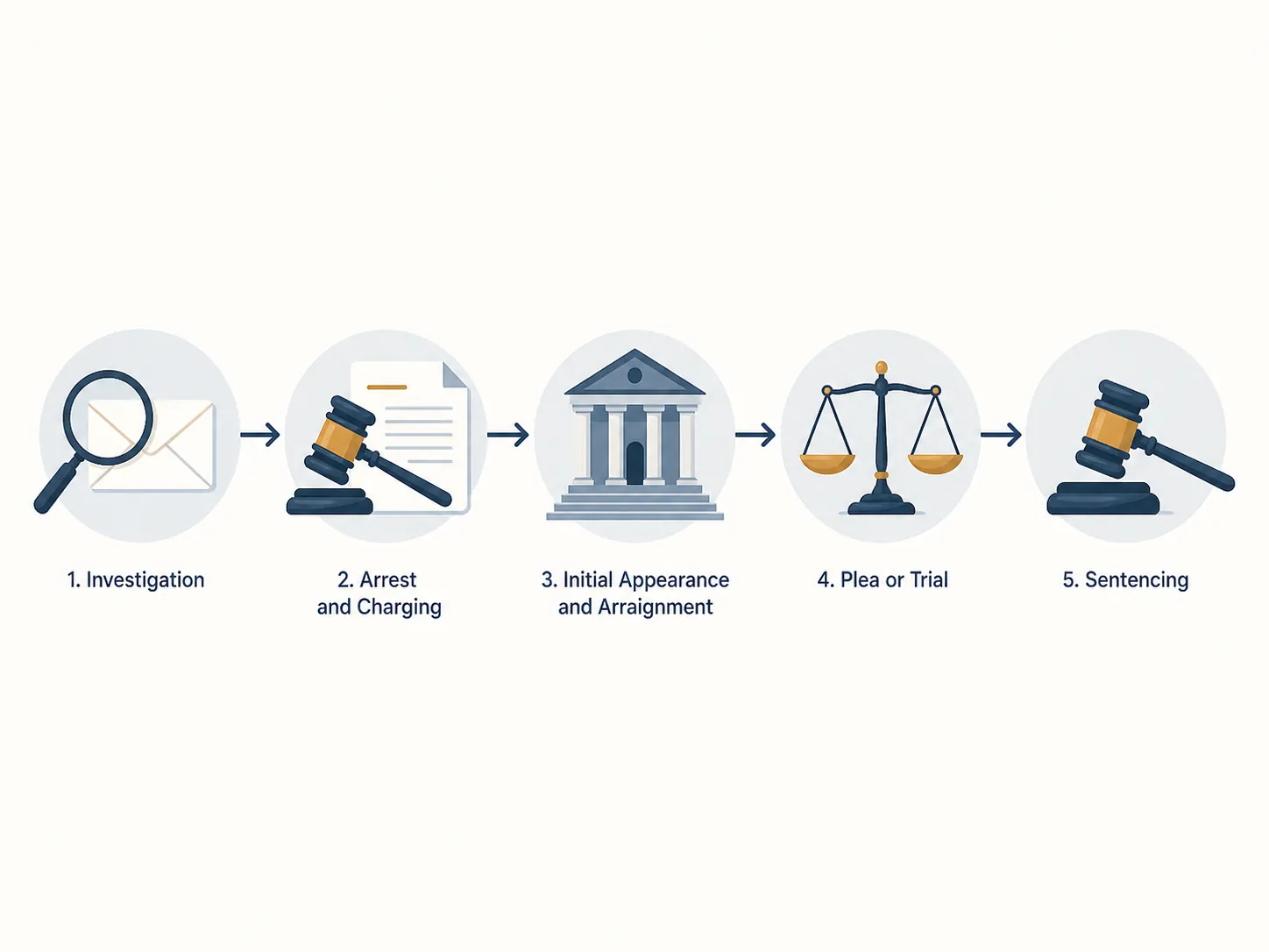 Flow diagram showing investigation, arrest and charging, initial appearance and arraignment, plea or trial, and sentencing