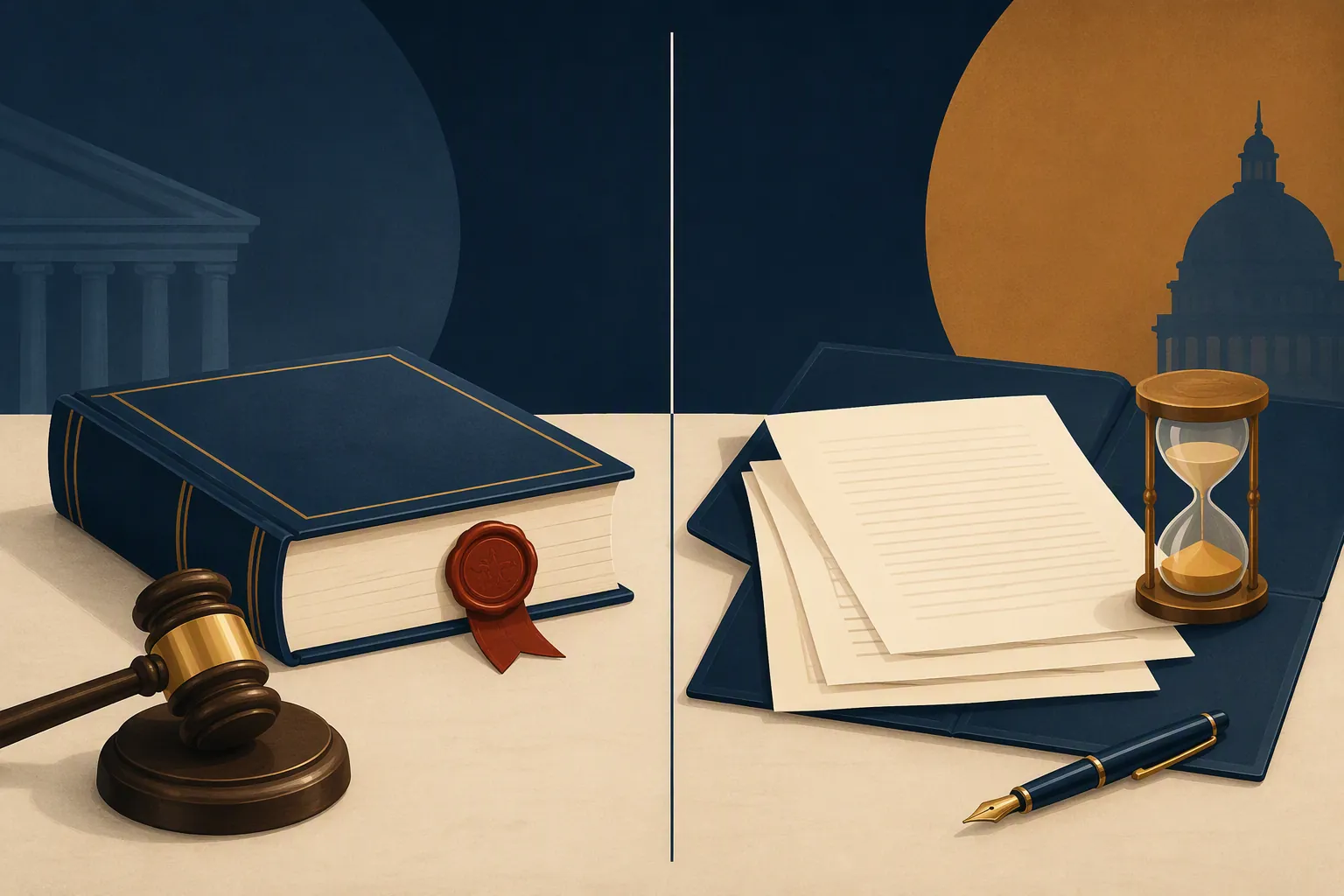 Two parallel legislative tracks, one enacted and one pending, shown on a desk
