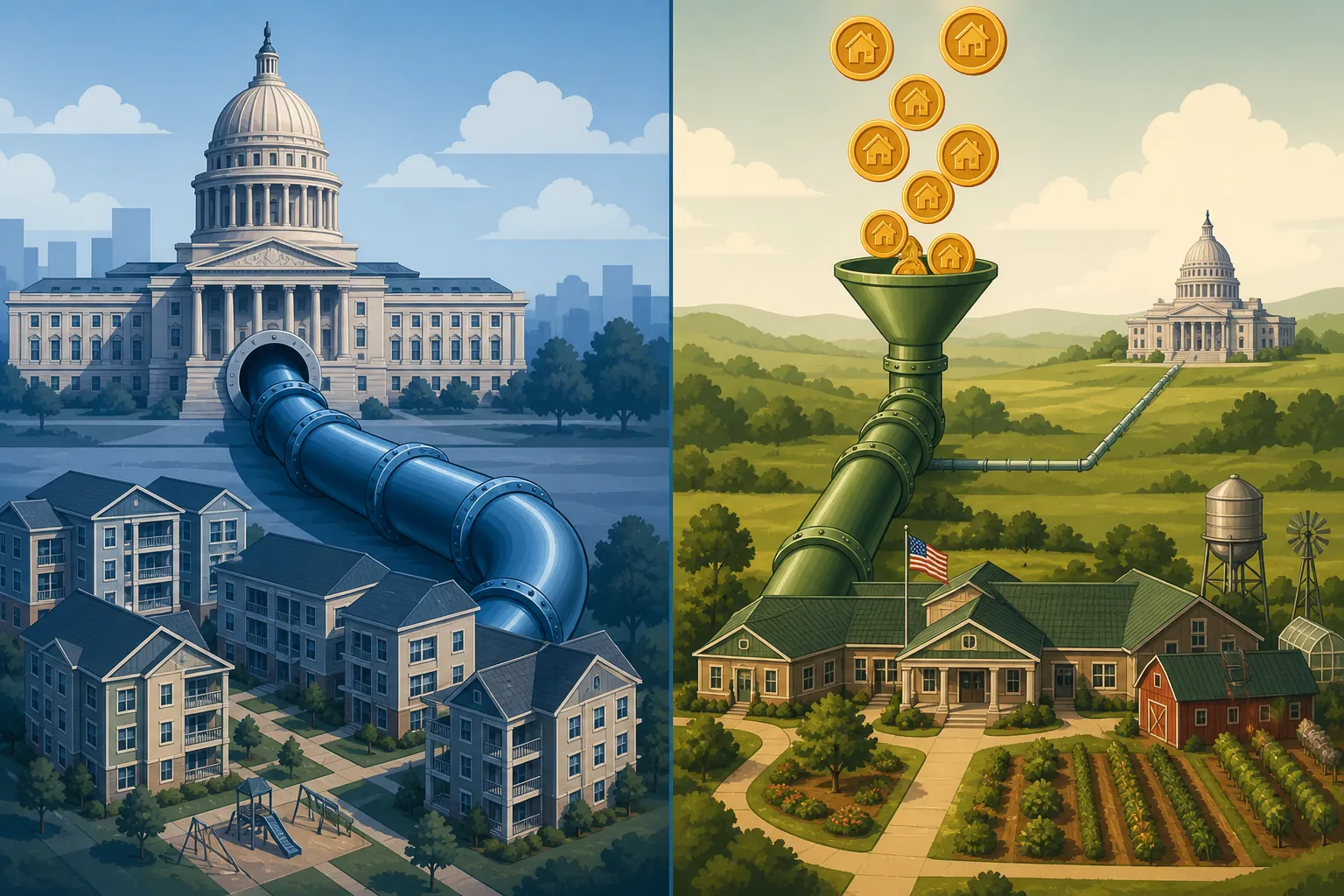 Split illustration of separate housing and veterans bond finance systems with different repayment paths